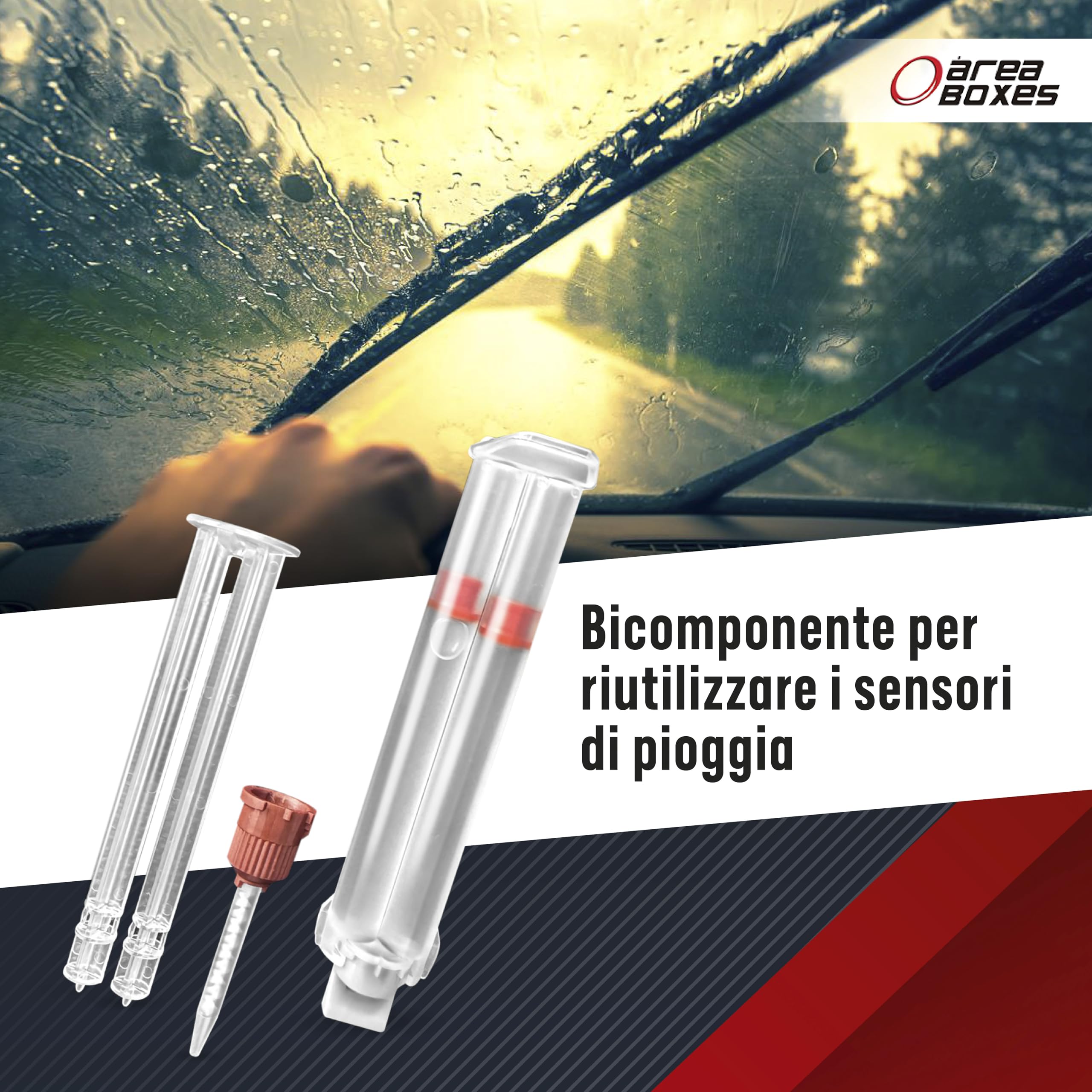Gel adesivo per riutilizzare il sensore di pioggia di qualsiasi parabrezza/lunotto di qualsiasi auto. Silicone altamente trasparente. Bicomponente a presa rapida, non tossico. Finitura originale