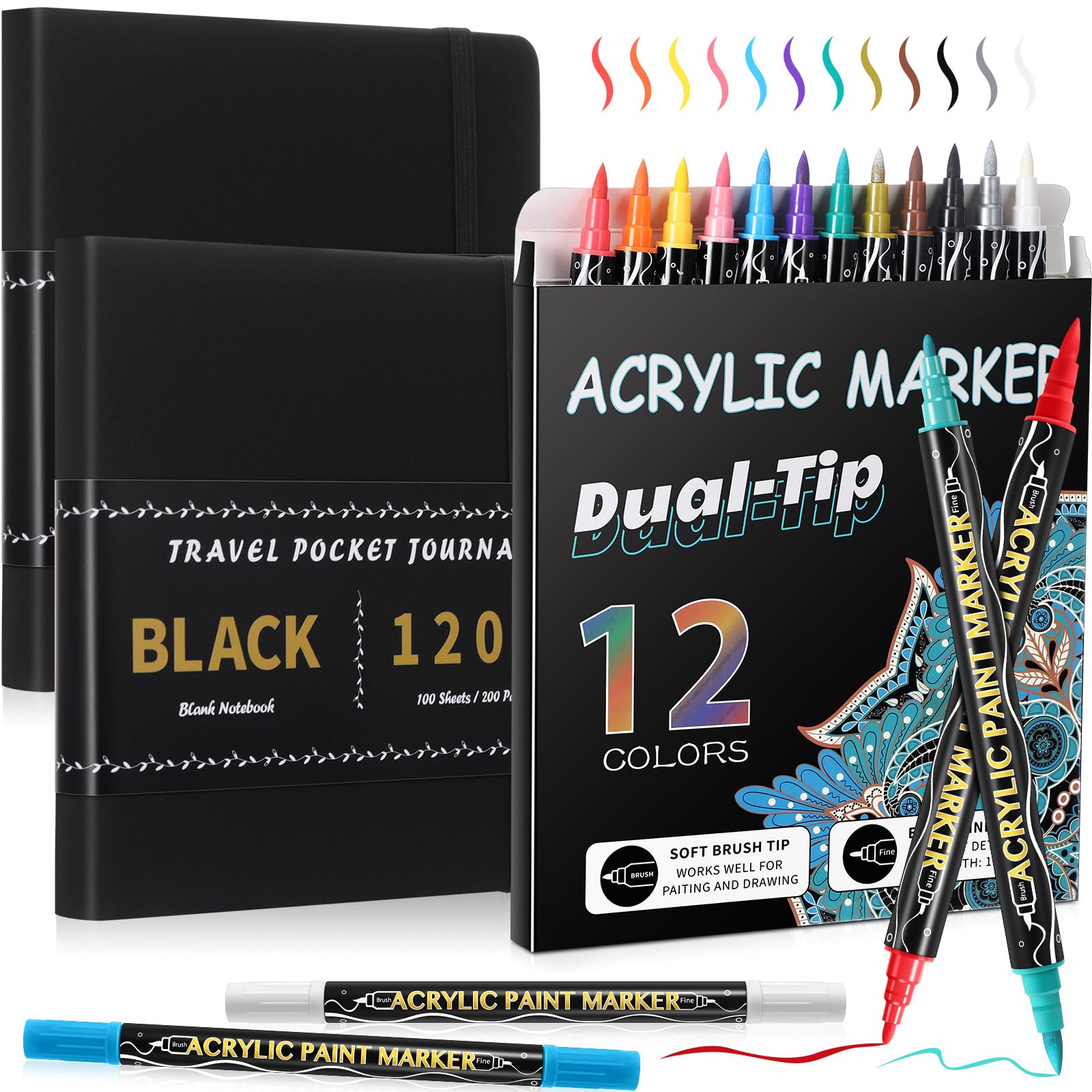 Thenshop Juego de 2 cuadernos de bocetos de papel negro, cuaderno de páginas negras con 12 marcadores metálicos, bolsillo de viaje, tapa dura, pintura en blanco, cuaderno de escritura para pintores de