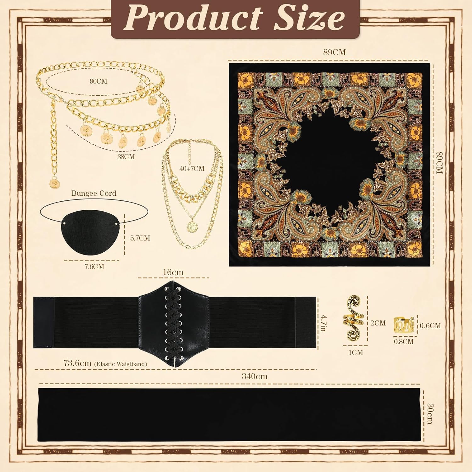 Vermeyen 8 Pcs Pirate Costume Accessories for Women with Head Scarf Wrap Pirate Corset Eye Patch Necklace Sash Chain Belt - Image 3