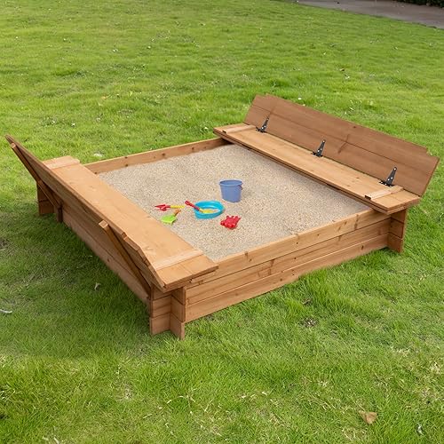 Miniatura 7 de BIRASIL Caja de arena de madera con 2 asientos de banco, cajas de arena con tapa para niños, pozo de arena con cubierta para patio trasero al aire