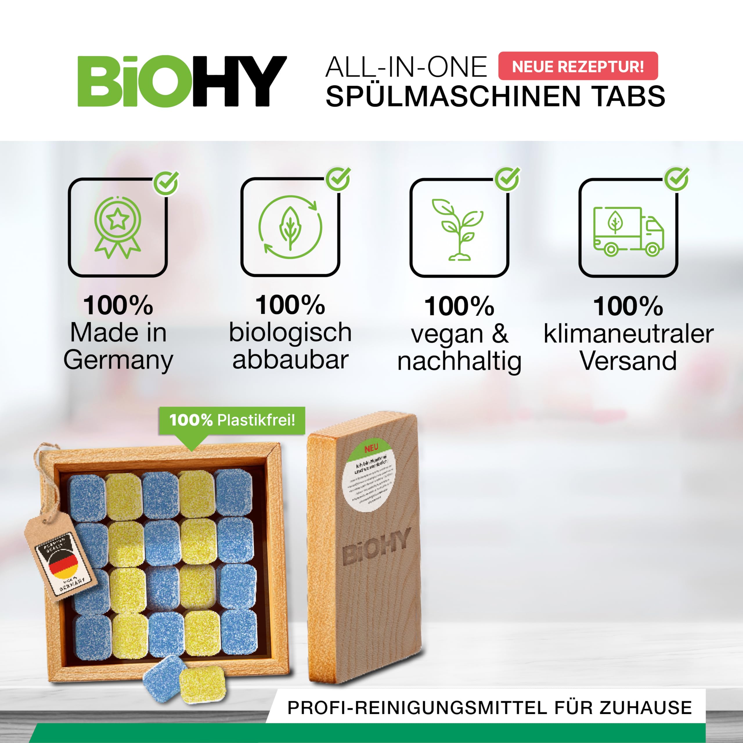 BiOHY Detergente para lavavajillas | Todo en uno Pastillas | 40 unidades + caja de madera | Sin fosfatos, duradero y biodegradable | para el hogar, la gastronomía y el comercio