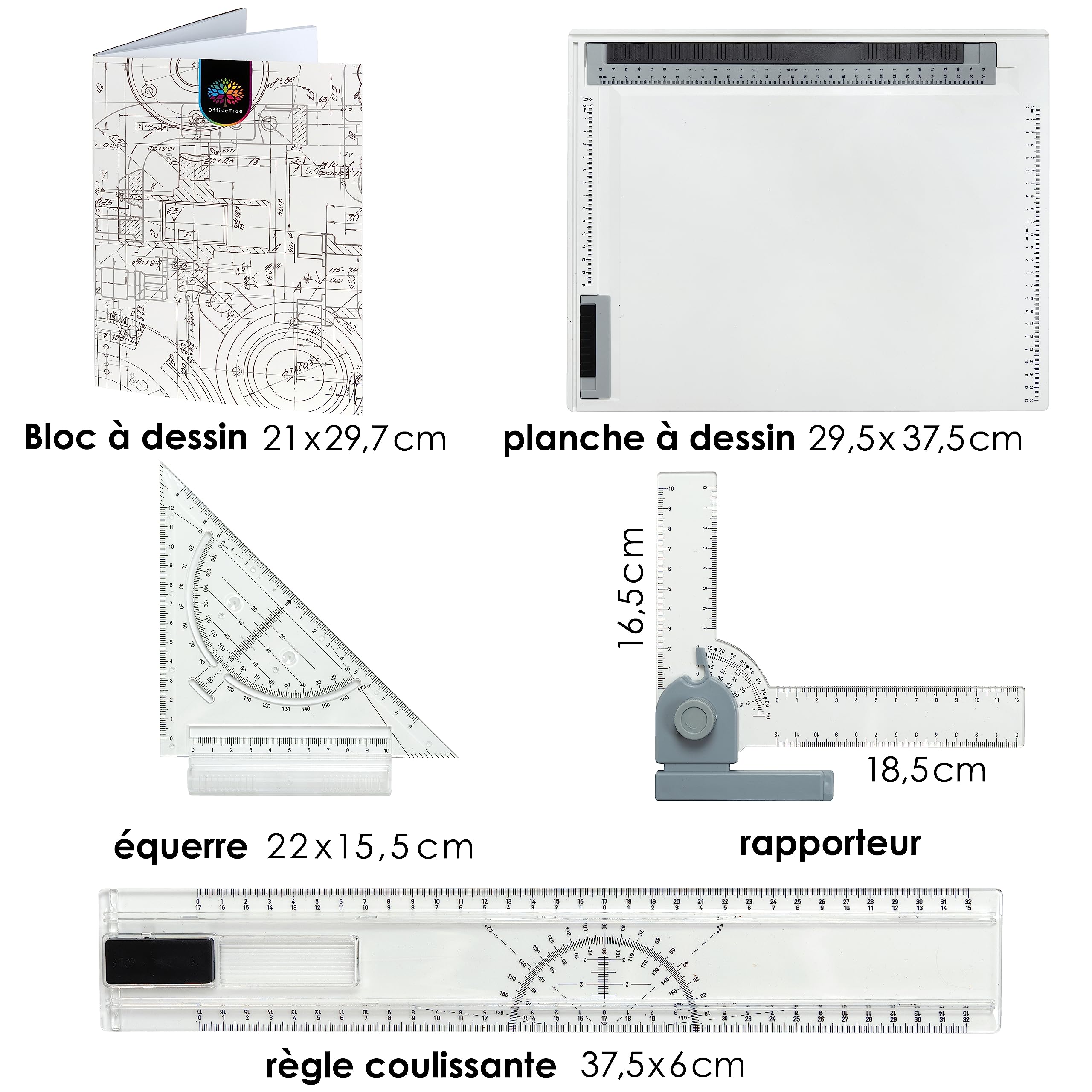 OfficeTree Planche à Dessin A4 29,5 x 37,5 cm - Planche a Dessin - Inclus A4 Bloc de Papier, Housse de Transport et Nombreux Regle Dessin Technique - Drawing Board - Table a Dessin