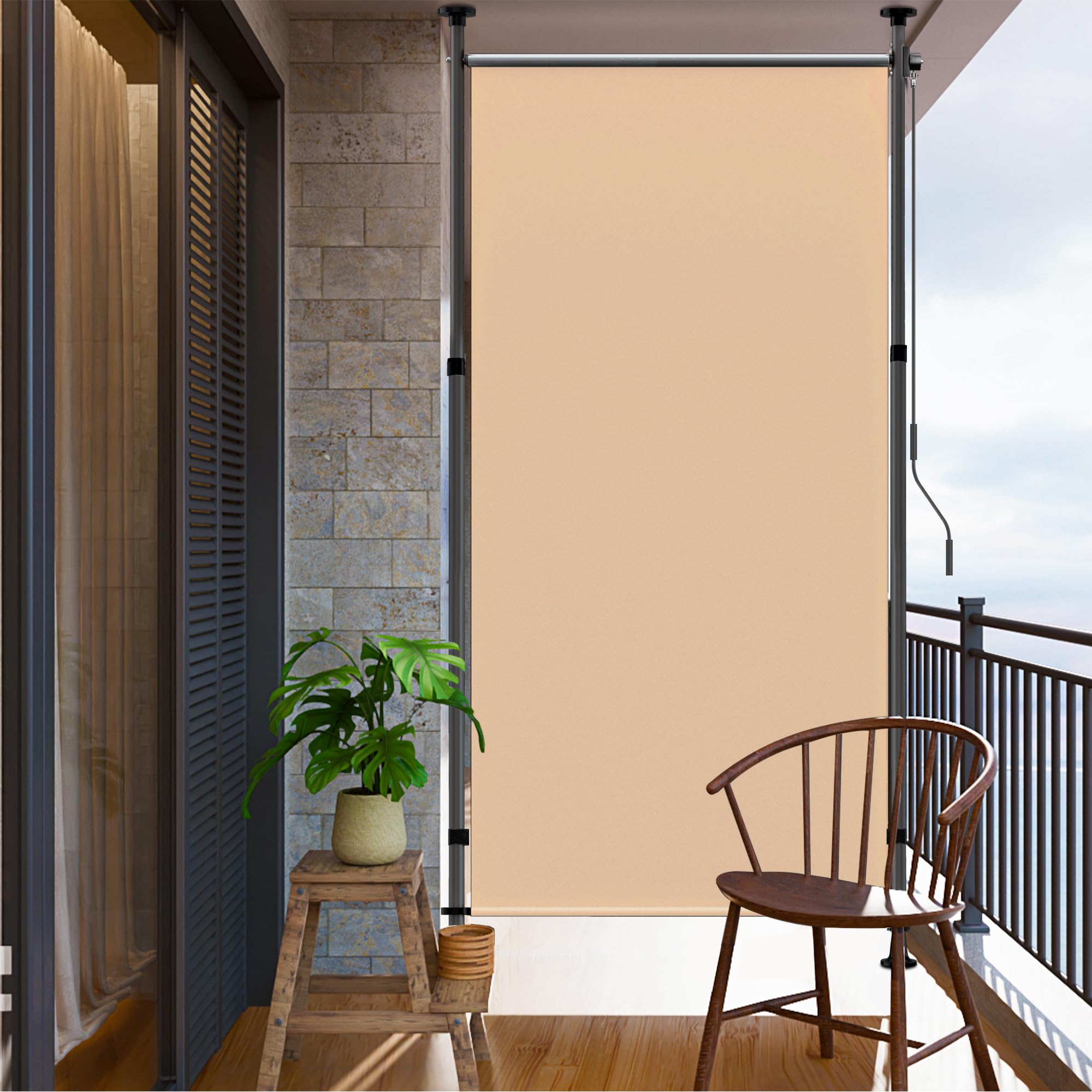 BelleMax Senkrechtmarkise Balkon außen ohne Bohren, 100x270cm Vertikalmarkise Balkonrollo Außenrollo, Markise für Terrasse, Sichtschutz Sonnenschutz Windschutz und Wasserfest Khaki