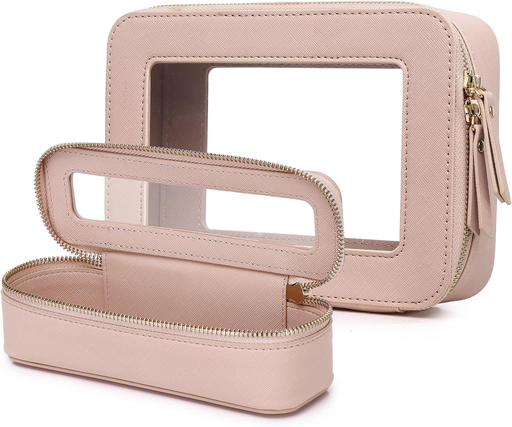 LOFOWN Clear Travel Makeup Bag with Brush Case Portable Transparent Cosmetic Bag and Toiletry Bag Waterproof Makeup Organizer with Zipper Car Essential for Women (Pink, M+Slim)
