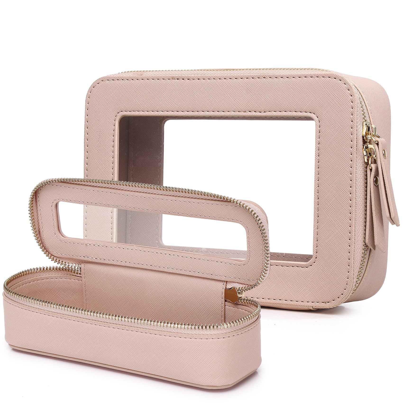 Clear Travel Makeup Bag with Brush Case Portable Transparent Cosmetic Bag and Toiletry Bag Waterproof Makeup Organizer with Zipper Car Essential for Women (Pink, M+Slim)