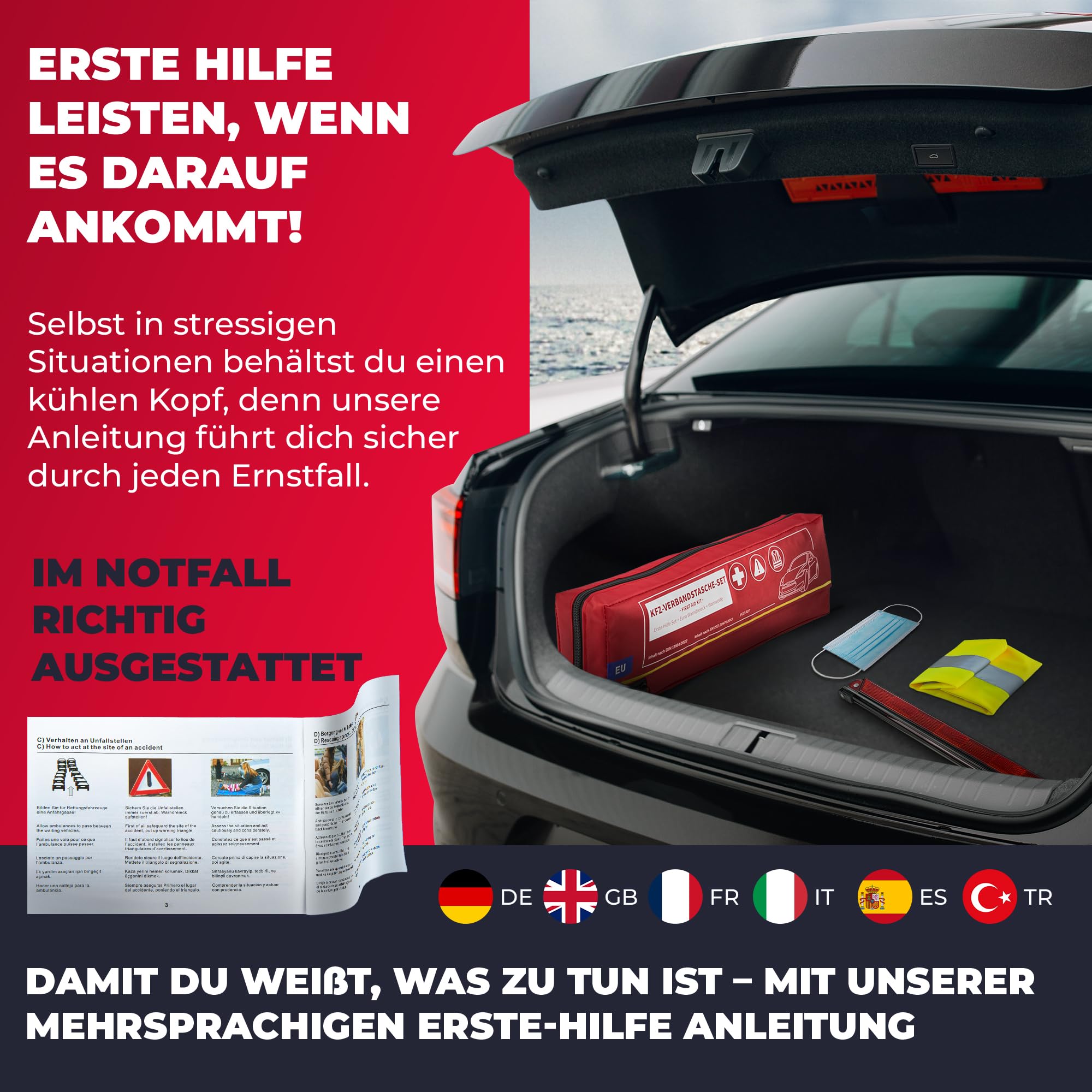 Smart-Planet Trousse de premiers secours pour voiture - 47 pièces - Conforme à la norme allemande StVO - Utilisable dans toute l'Europe - Sac combiné - Triangle de signalisation