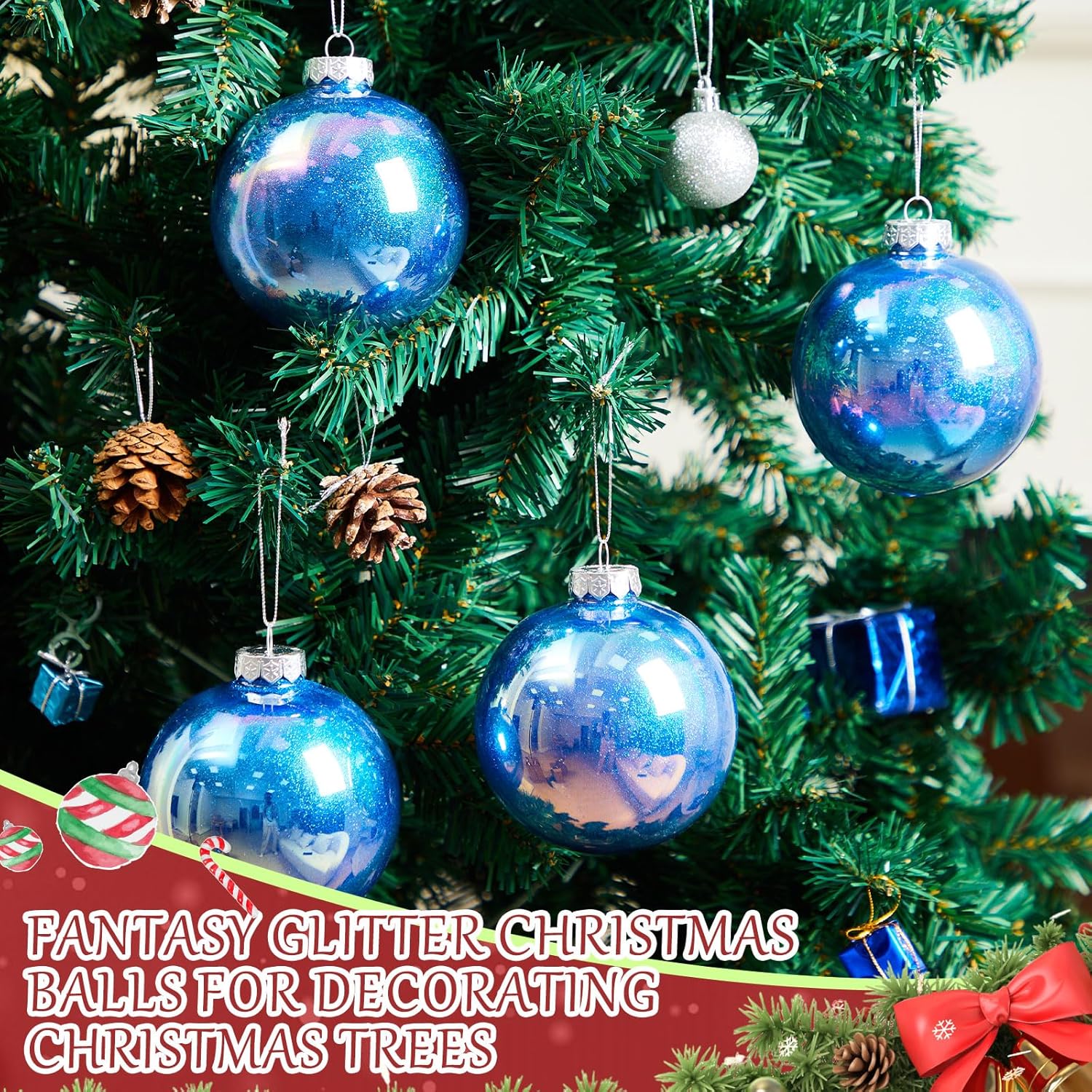 Wettarn 24 Pcs 4 Inch Glittering Christmas Balls Fantasy Plastic Shiny Christmas Iridescent Ornaments Balls for DIY Crafts Hanging with Lid and Rope for Xmas Tree Party Decor(Sapphire)