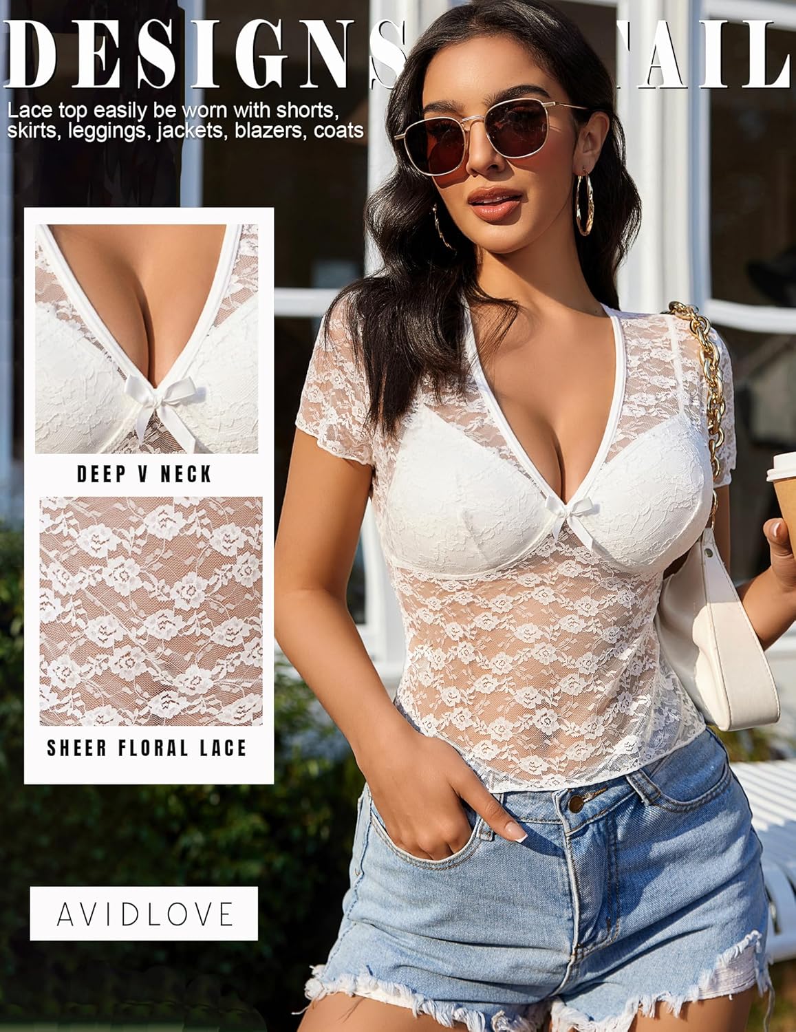 Avidlove Lace Tops Womens Short Sleeve V Neck Sexy See Through Tee Shirts Y2K Mesh Top Party Club Night Blouse S-XXL - Image 2