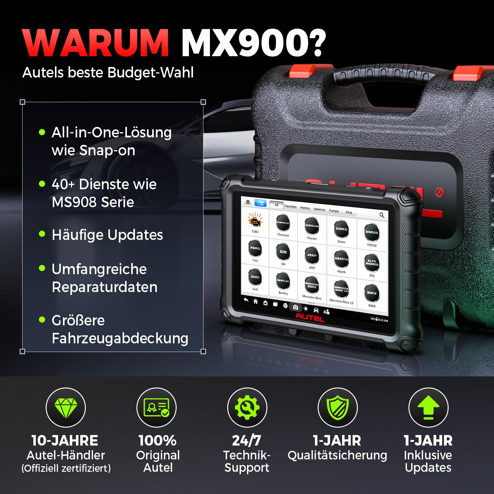 Autel MaxiCheck MX900 OBD2 Diagnosegerät Auto, 2025 Funktion wie MK900 MK900BT, Upgrade MaxiCOM MK808BTPRO MK808S MX808S Diagnosegerät für Alle Fahrzeuge, 3000+ Aktive Test,DoIP&CANFD, 40+ Dienst,OS11