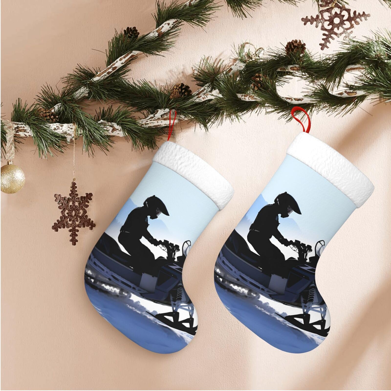 17.7" Christmas Stocking 1 Piece, Snowmobile Xmas Stockings with White Plush Cuff Fireplace Hanging Stocking for Christmas Holiday Party Decoration