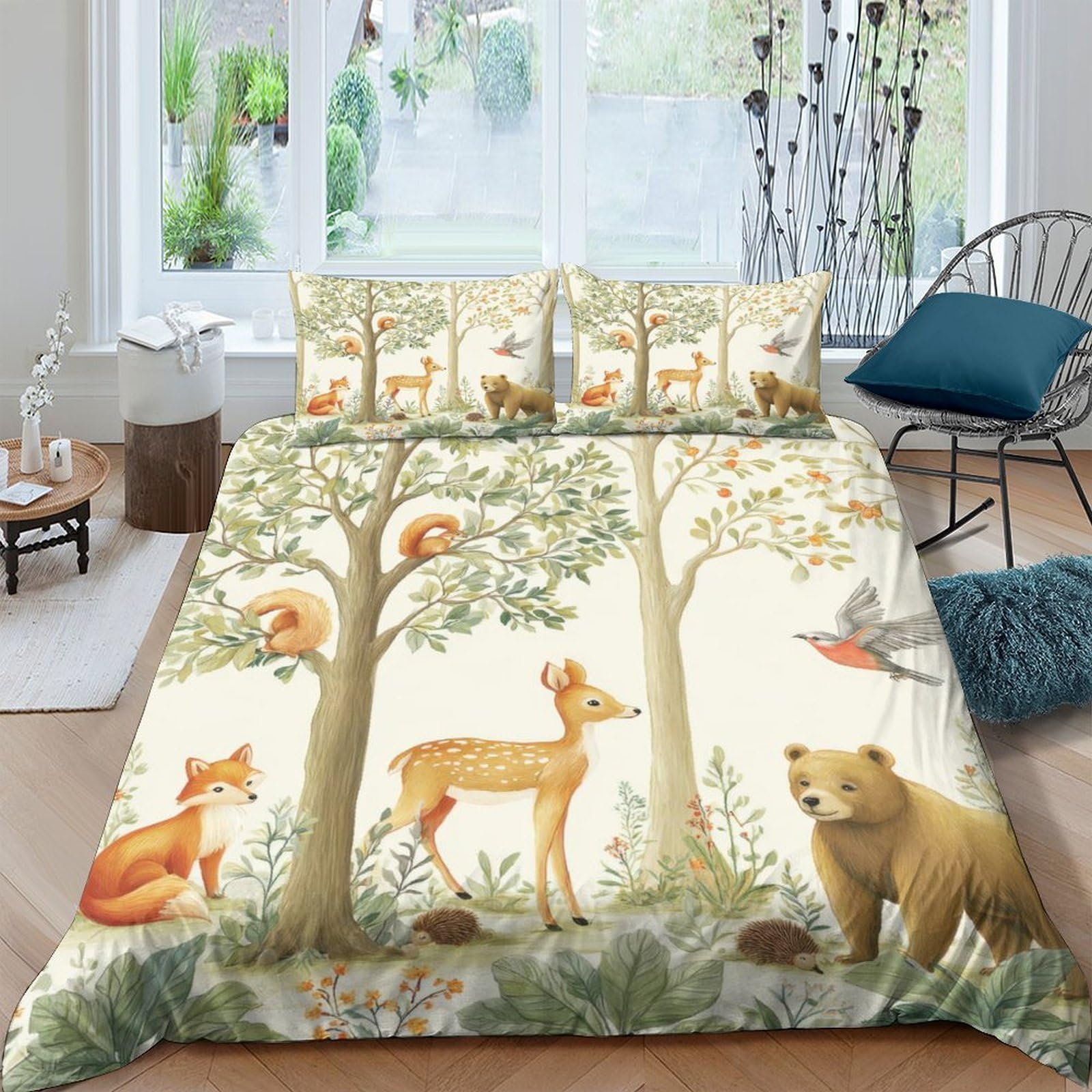 Ctjqhvkz Style-1 3D Printed Forest Animal Fitted Sheet Microfiber Soft Woodland Bear Deer Mattress Cover Bedroom Decor Single（135X200cm）