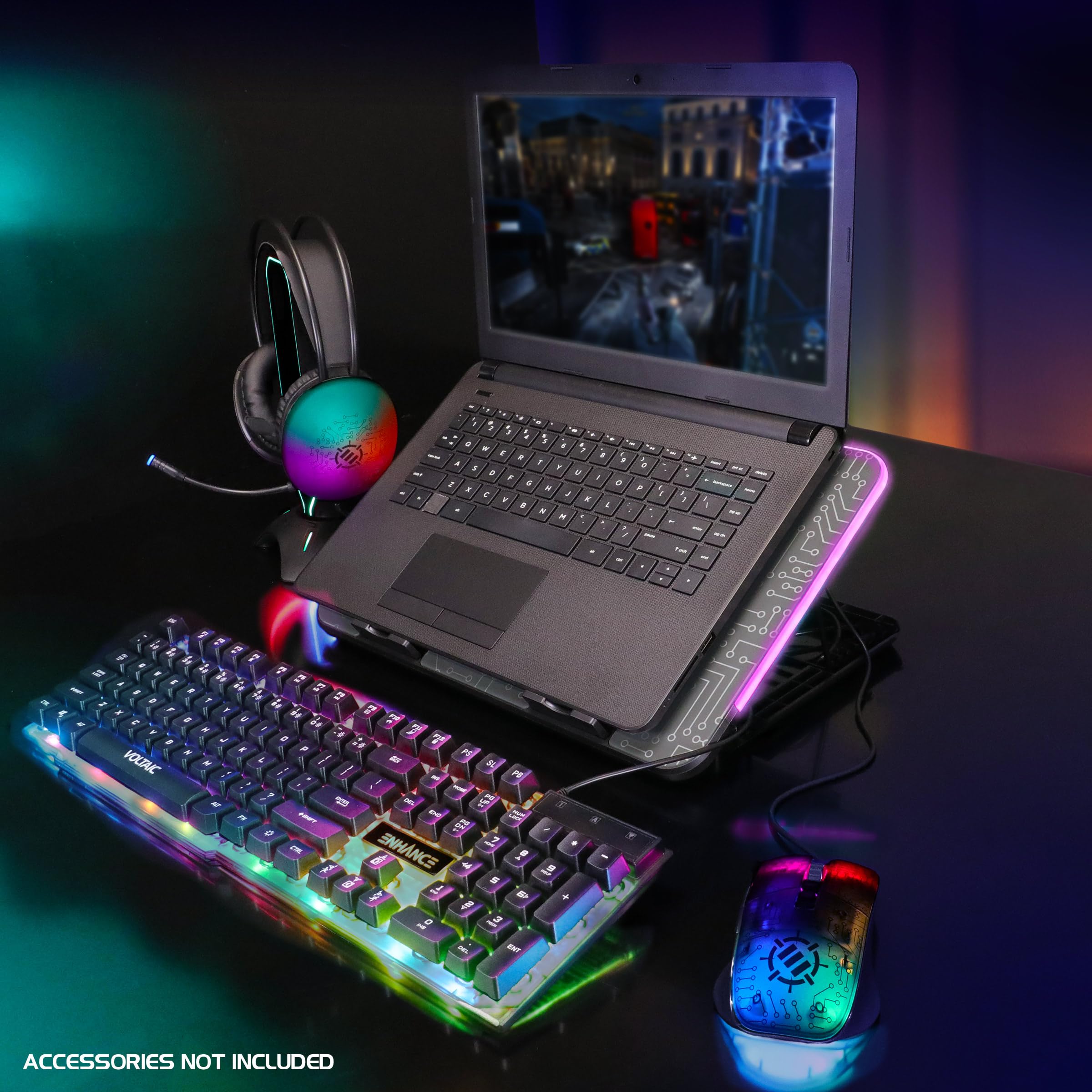 ENHANCE Gaming Voltaic 2 Laptop-Kühlständer – Laptop-Kühlpad mit 6 blauen LED-Lüftern, 7 Höheneinstellungen, RGB-Beleuchtung – Metall-Kühler-Pad mit Telefonständer, 2 USB-Anschlüsse für bis zu 43,2 cm