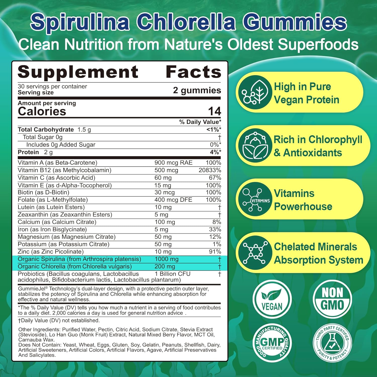 Organic Spirulina & Chlorella Gummies - Probiotic & Super Greens Supplement Superfood, Rich in Antioxidants, Chlorophyll, Protein, Essential Amino Acids for Cellular, Energy, Immunity & Eye, 60 Cts - Image 2