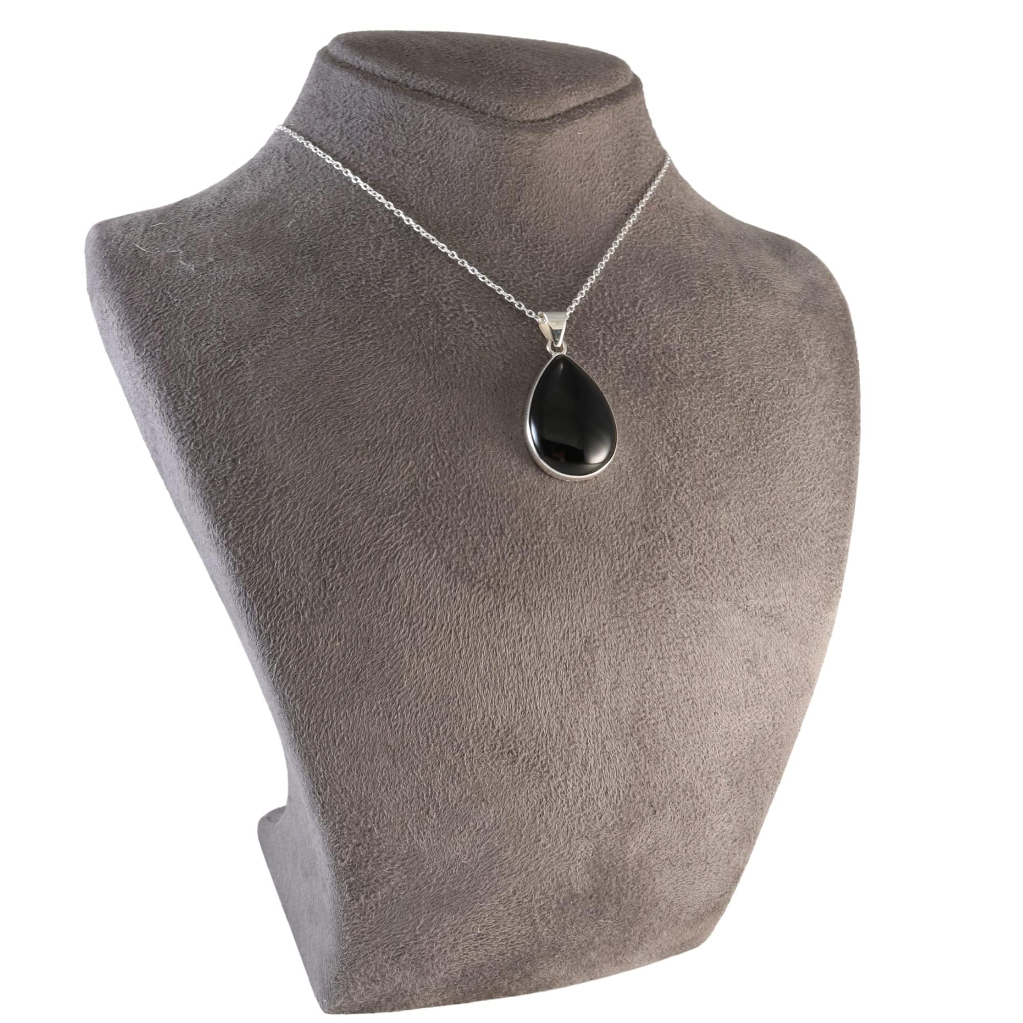 Handgefertigtes Sterling Silber 925 Schwarzer Onyx Tropfenförmiger Anhänger 18x25mm Halskette mit 45+5cm Kette