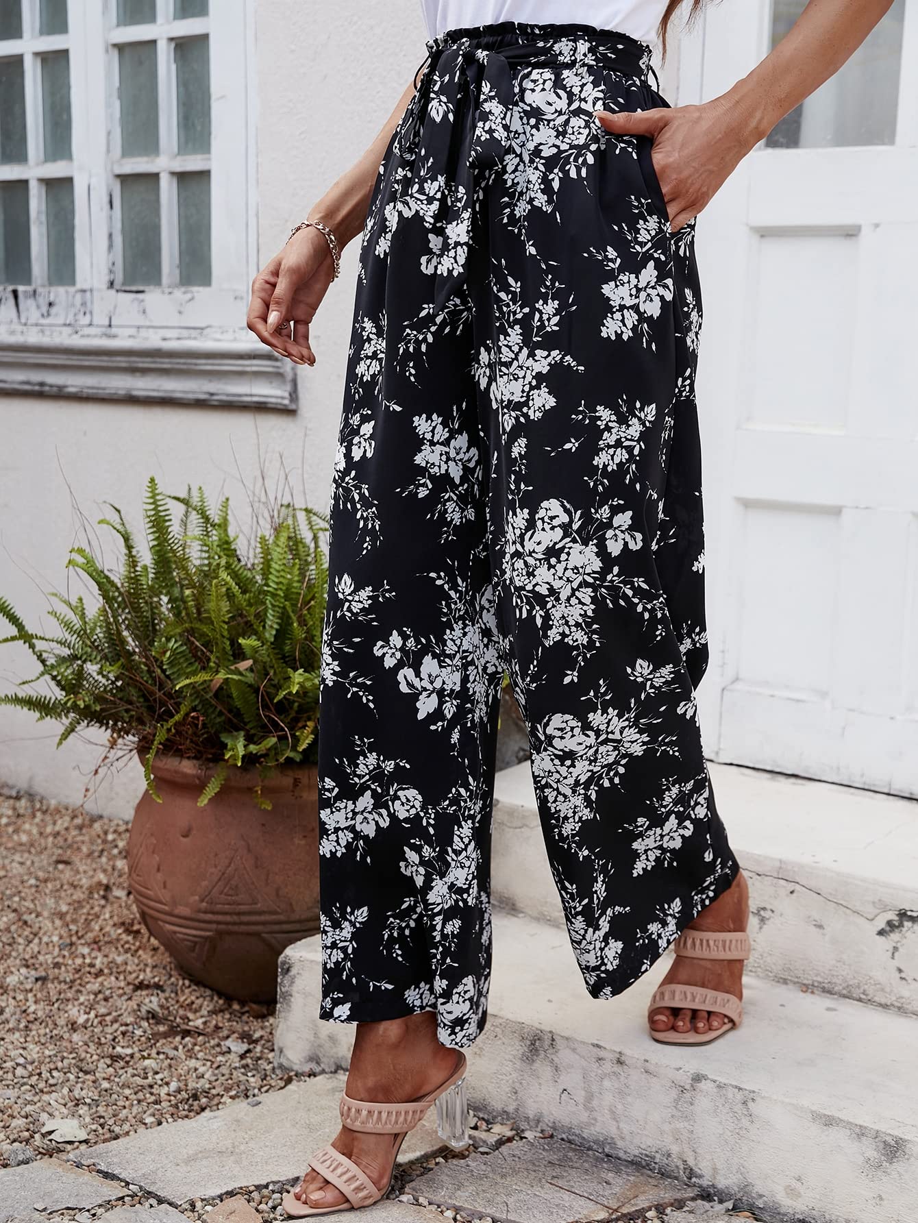 REDESYN Pants for Women Womens Pant Floral Print Paperbag Waist Belted Wide Leg Pants Pants Color Black and