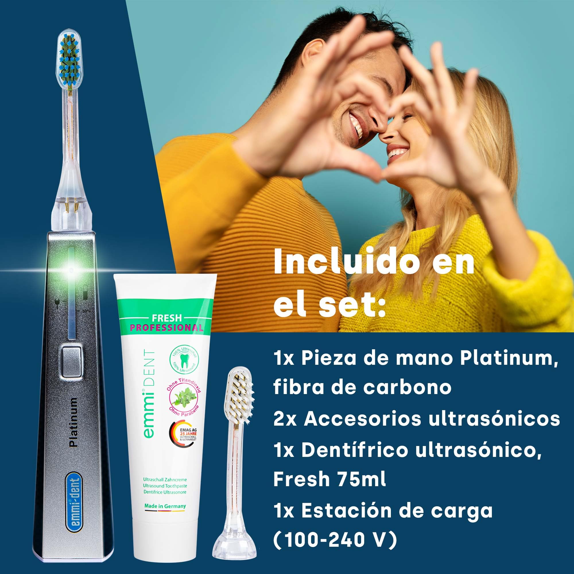 emmi-dent Platinum Cepillo de Dientes Eléctrico Ultrasónico (Set Básico Carbon) I Ideal para Dientes y Encías Sensibles I Cepillado Óptimo sin Frotar I Hasta 15 Días de Batería