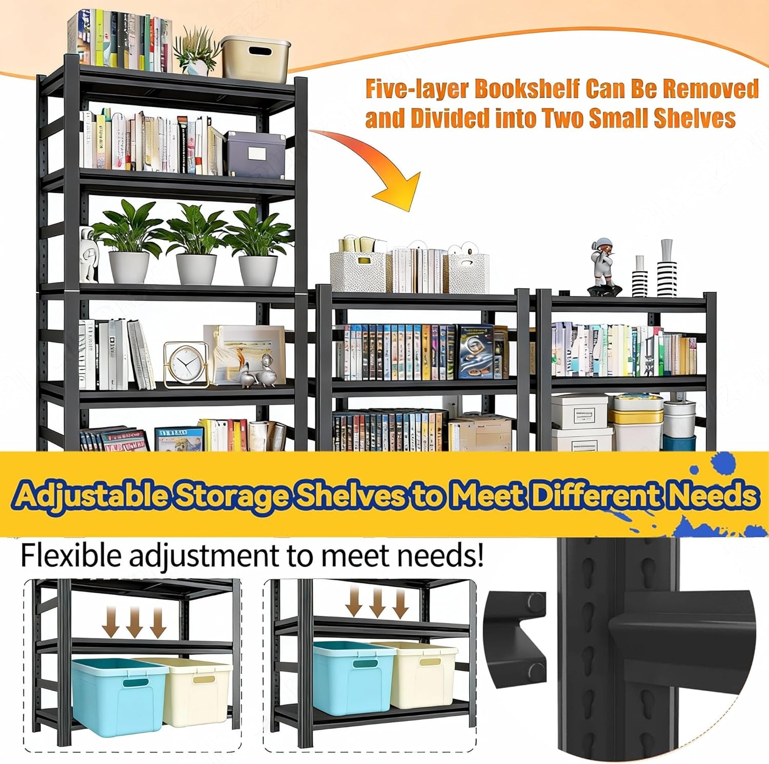 72''H × 40''W Garage Shelving, Metal Shelving Unit and Storage, 2500lb Standing Shelves,Heavy Duty Shelving with Adjustable Shelf for Garage Kitchen Warehouse Pantry Basement Black (5 Tier)