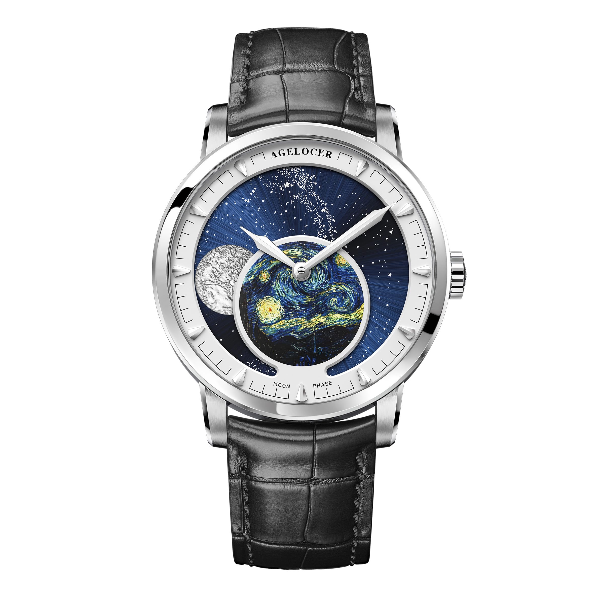 Luxury Automatic Mechanical Watch, Original Men Watch with 3D Starry Sky Moon Phase Watch Dial Skeleton Leather Men's Wrist Watch