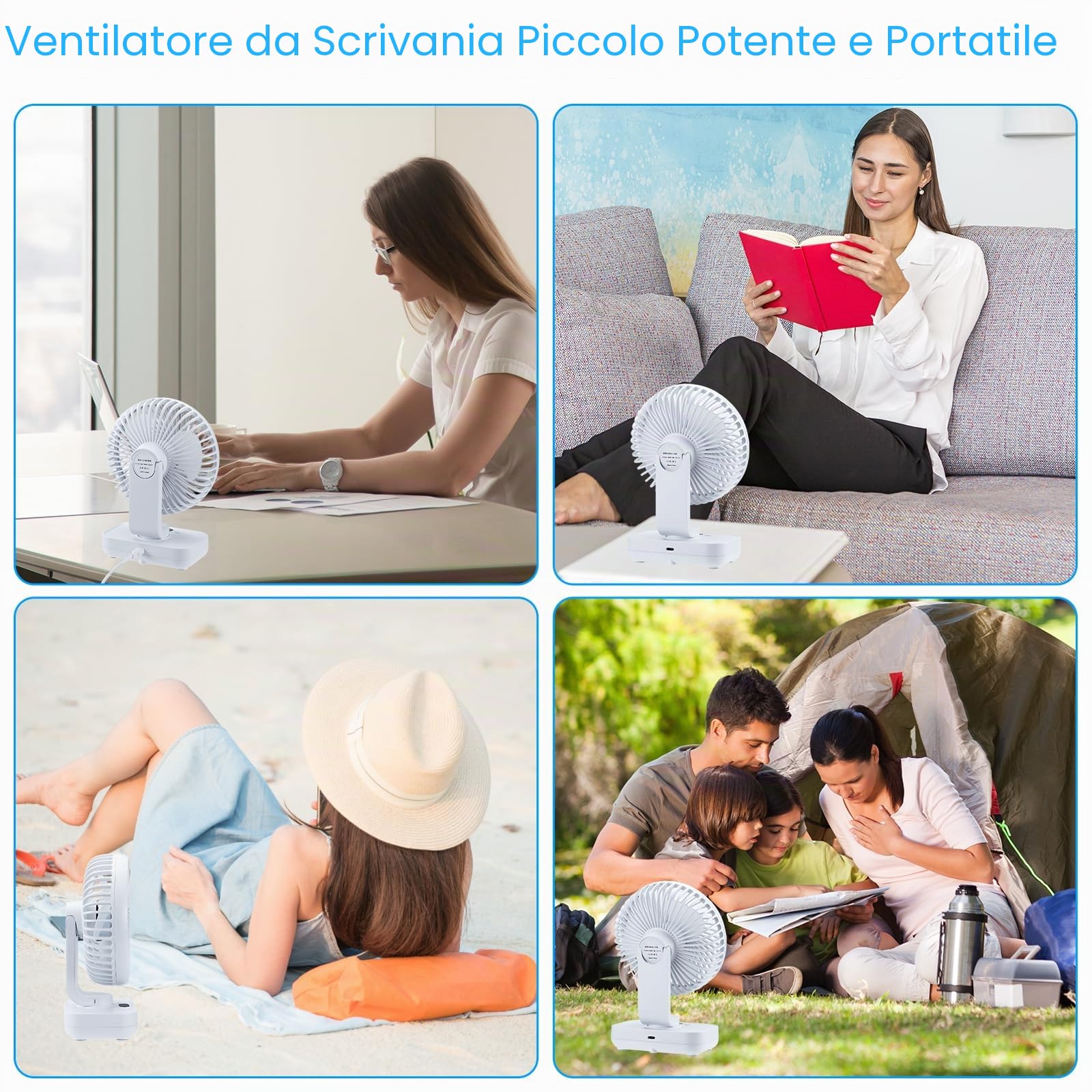 Ventilatore da Tavolo USB Silenzioso, Piccolo Ventilatore Potente 4 Velocità, Auto Oscillante 120°,Mini Ventilatori Desktop Portatile Ricaricabile 4000mAh, per Scrivania Ufficio Casa Viaggi
