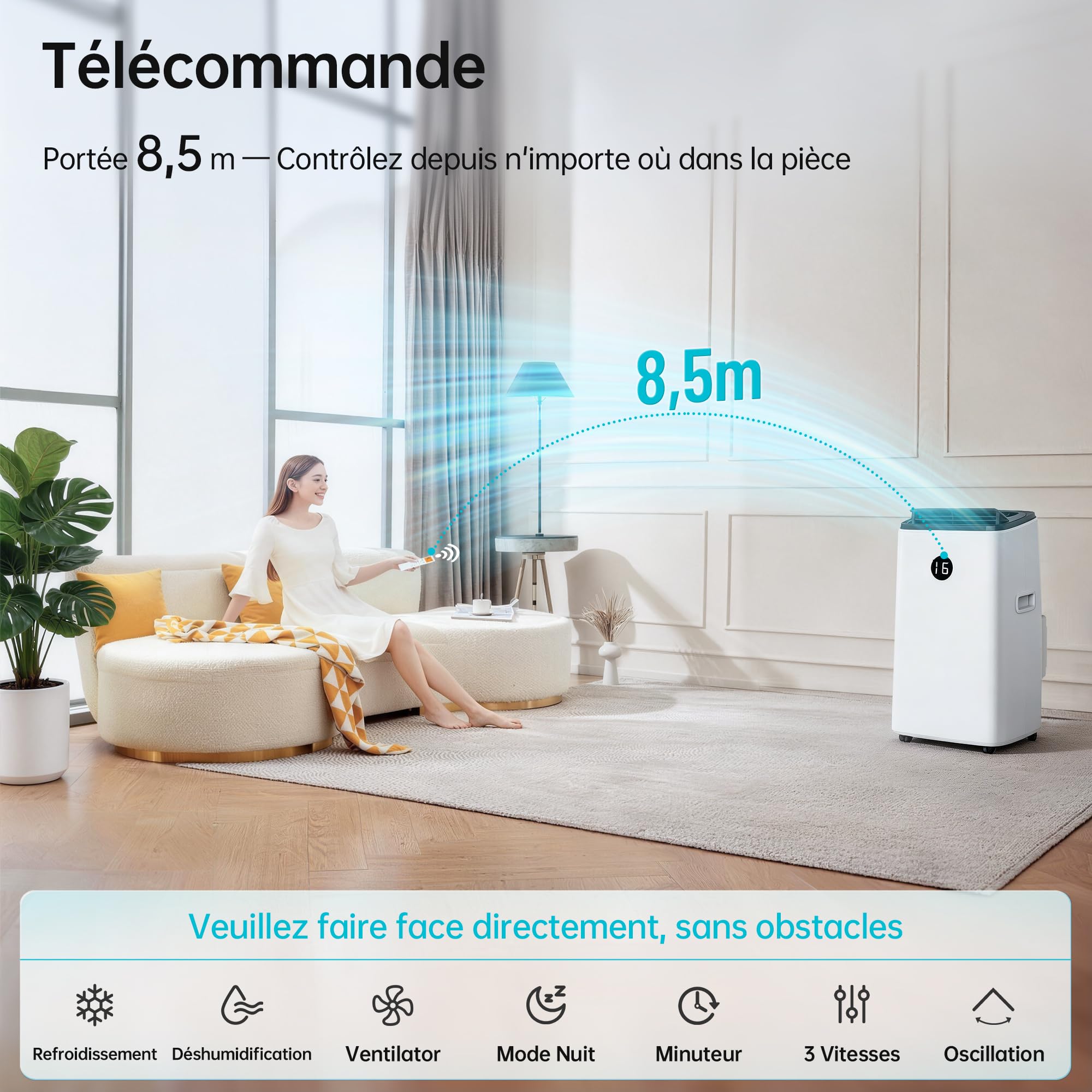 DOMANKI Climatiseur mobile 12000 BTU, clim portable 3-en-1 jusqu’à 50 m², mode nuit 48 dB, déshumidification 42 L/jour, tuyau d’évacuation, kit fenêtre inclus, minuteur 24h