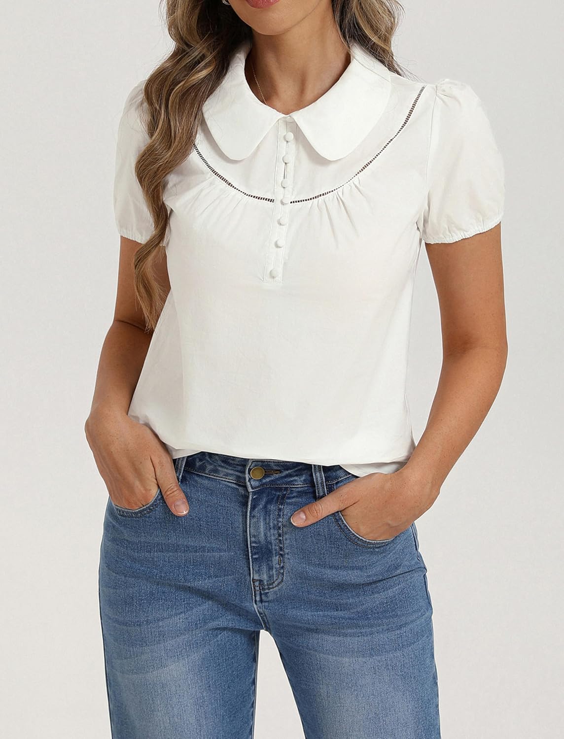 Belle Poque Short Puff Sleeve Blouses for Women Peter Pan Collar Dressy Work Shirts Summer Cotton Tops 2026 - Image 2