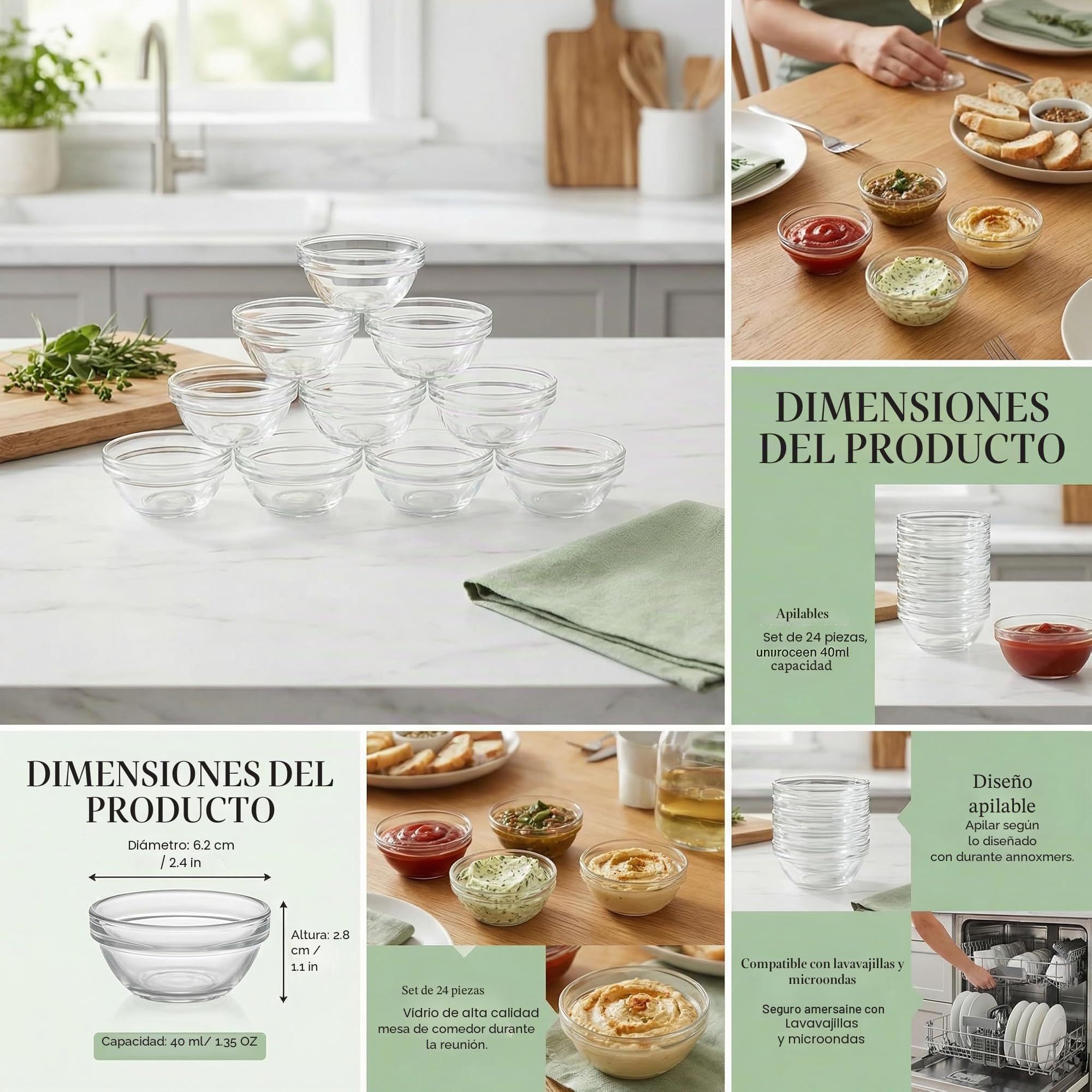 24 Piezas Cuencos de Cristal,40ML Cuencos Aperitivos Reutilizable Mini Cuencos para Salsas,6 CM de Diámetro,Microondas Cuenco de Cristal para Aperitivos para Salsas Postres Snacks Frutas Sushi