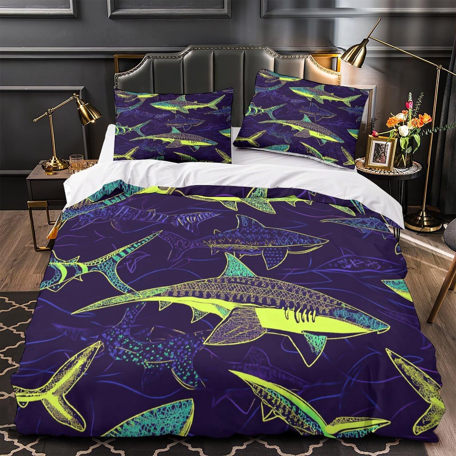 Housse de couette requin néon 135x200 microfibre lit enfant