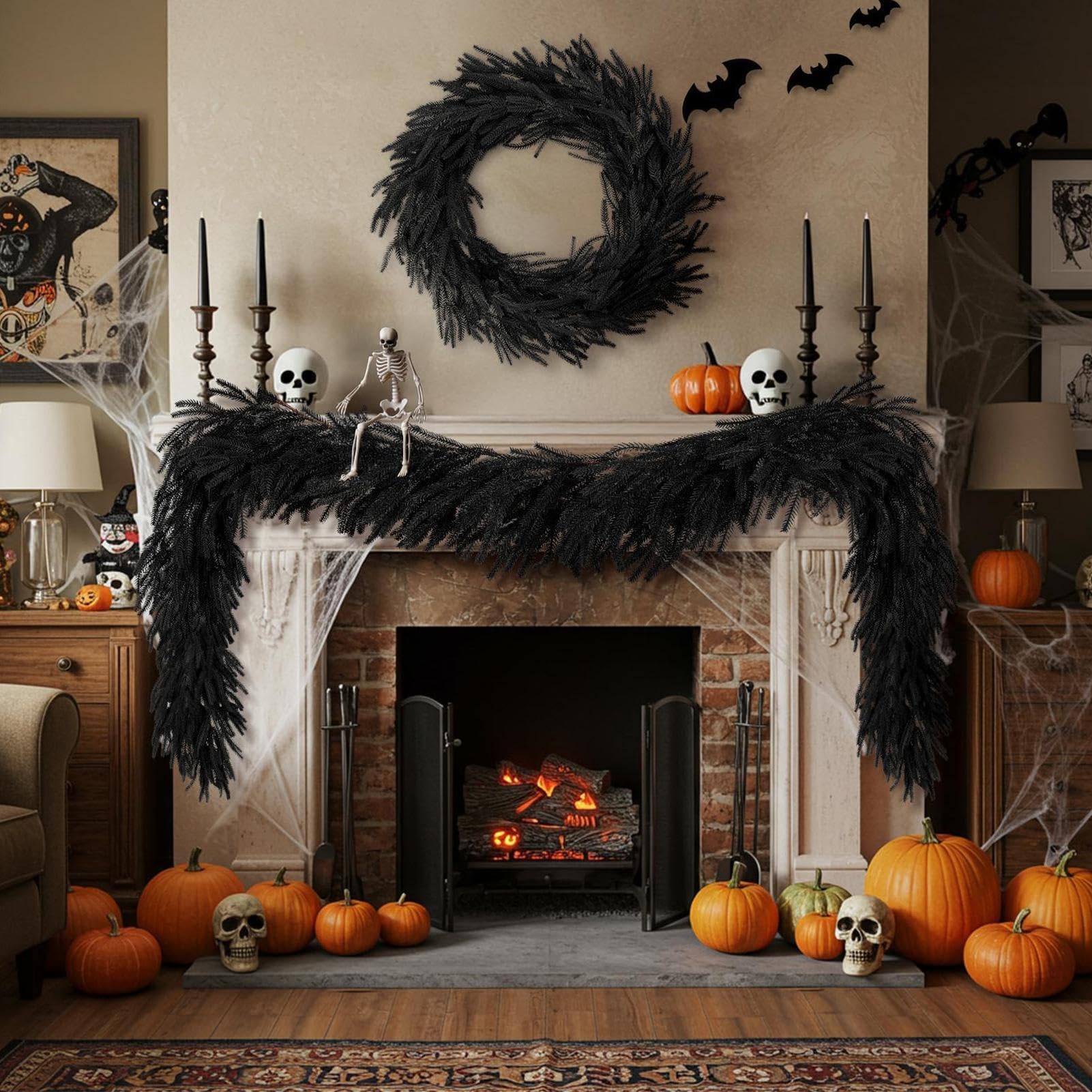 z gzymsem kominkowym na Halloween, 1,8 m, realistyczna, czarna | Halloween dekoracja kominka do wnętrz okno taras podwórko impreza festiwal kuchnia biuro regał na książki