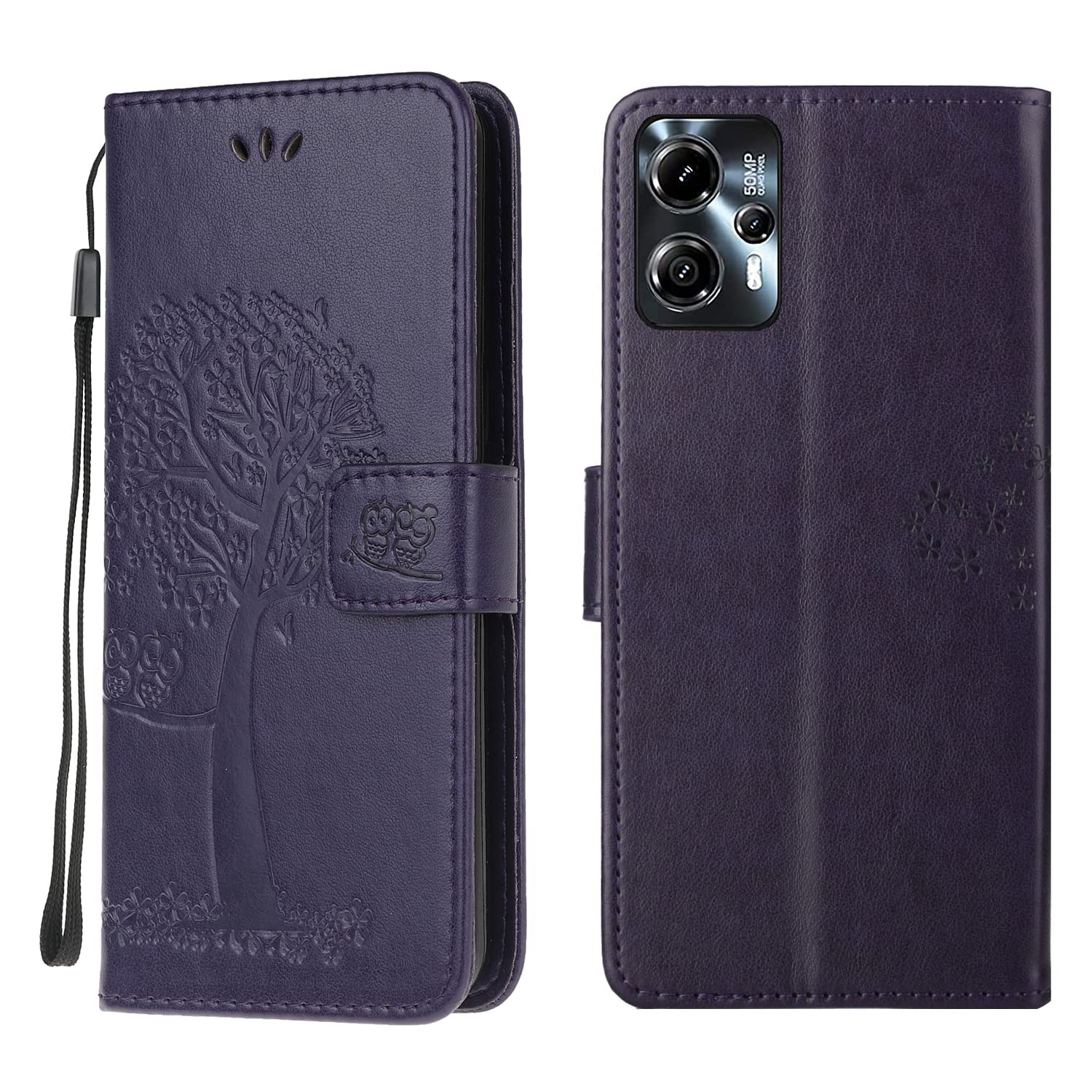 Motorola G13/G23/G53 Case Leather Wallet Flip Folio Magnetic Clasp Stand View Bookstyle Cases for Moto G13/G23/G53 Phone Case Cover Shockproof Cute Owl & Tree Pattern