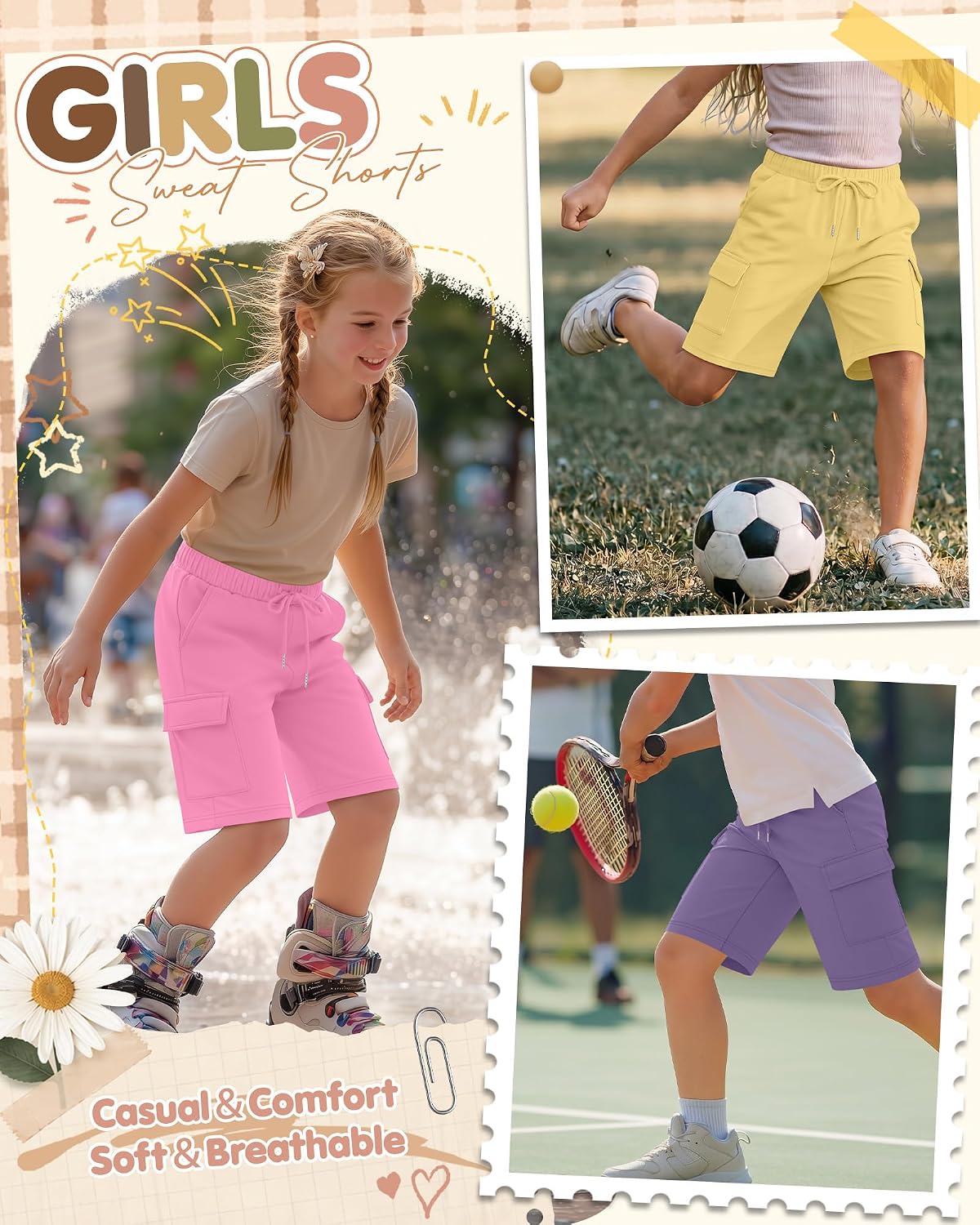 Halfchet 4 Pack Girls' Cargo Bermuda Shorts School Uniform Long Shorts Knee Length Casual Loose SweatShorts for Ages 5-14