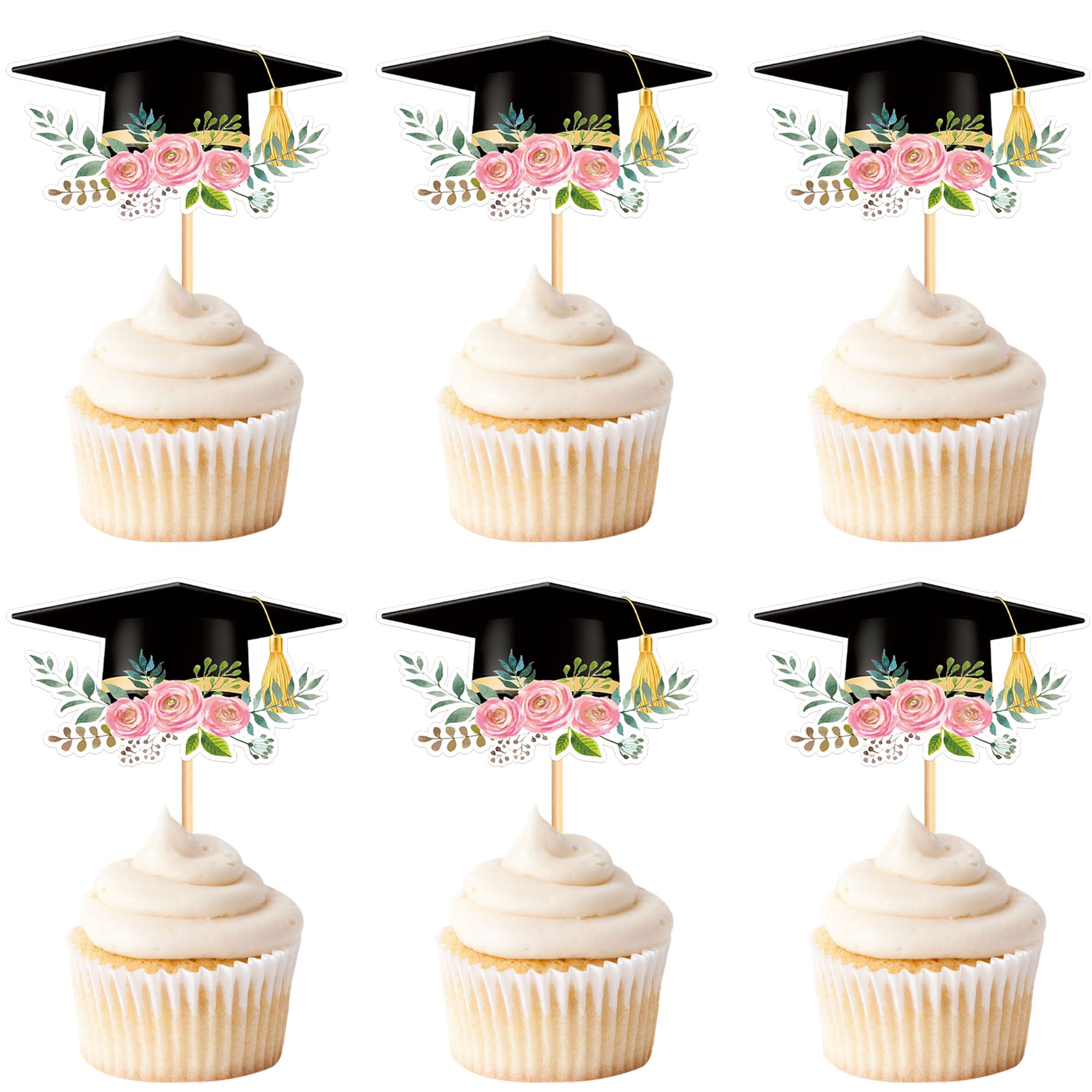 Photo 1 of 24Pcs Graduation Hat Cupcake Toppers Floral Grad Cap Cupcake Picks Flower Graduate Food Picks for Female Students Graduation Party Cupcake Cake Decorations Supplies