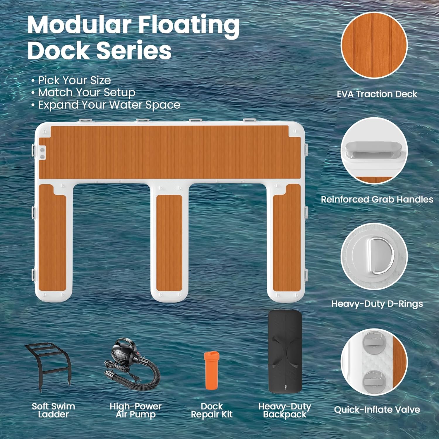 AECOJOY 13.5'x10' Inflatable Floating Dock, 7.9" Thick Floating Island for Lake, Non-Slip EVA Deck, 1500 lbs Capacity, Marine Grade PVC Swim Platform for Boats, Floating Docks for Lakes