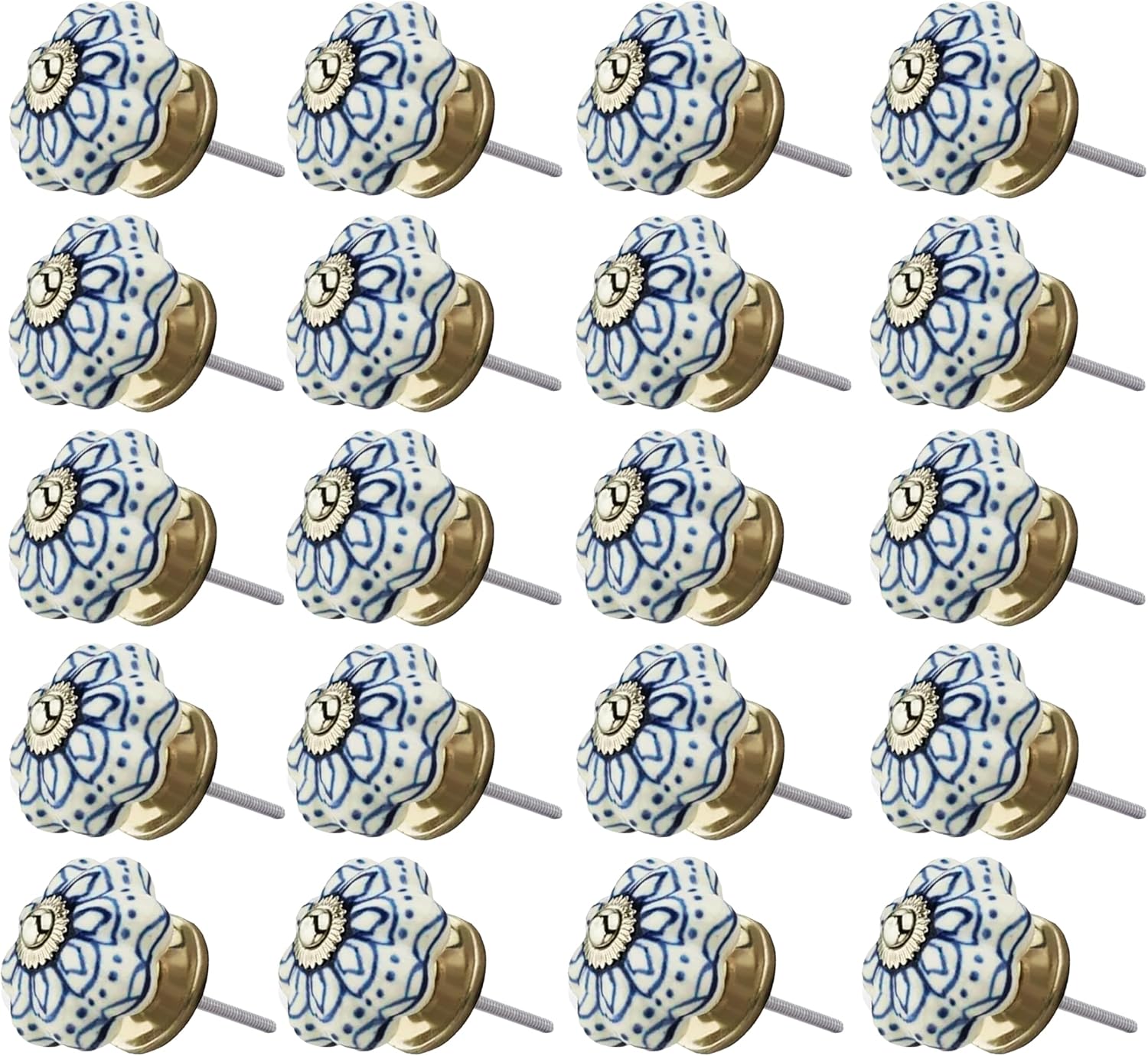 Ceramic Cabinet Knobs 20 Pack Blue Flowered 1-7/10 in. White Ceramic KnobsDrawer Knobs Drawer Pull Knobs for Kitchen Cabinet Bathroom Drawer Wardrobe Cabinet