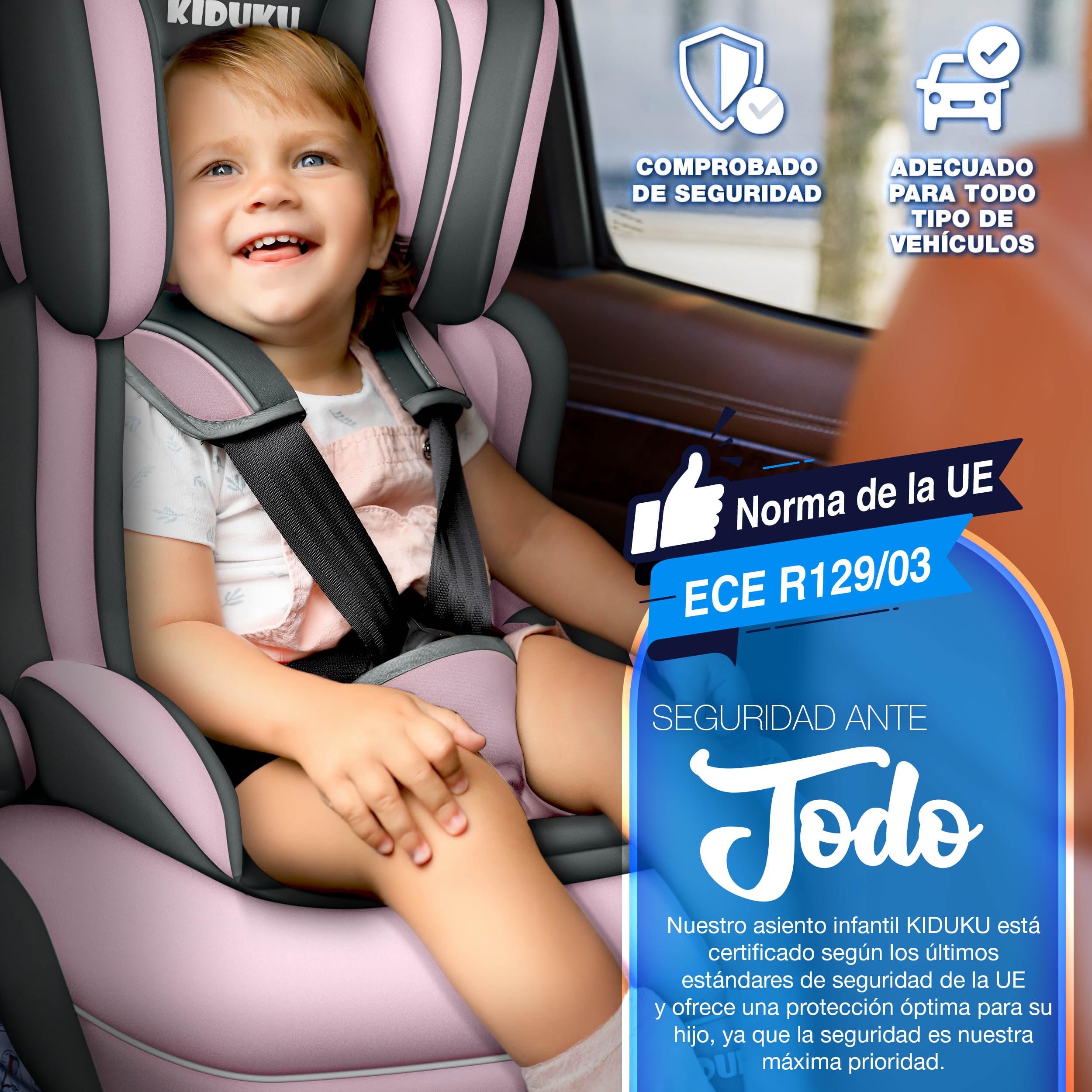 KIDUKU® Silla de coche, crece con el niño, 9 kg-36 kg (1-12 años), Grupo 1/2/3 (Gris/Rosa)