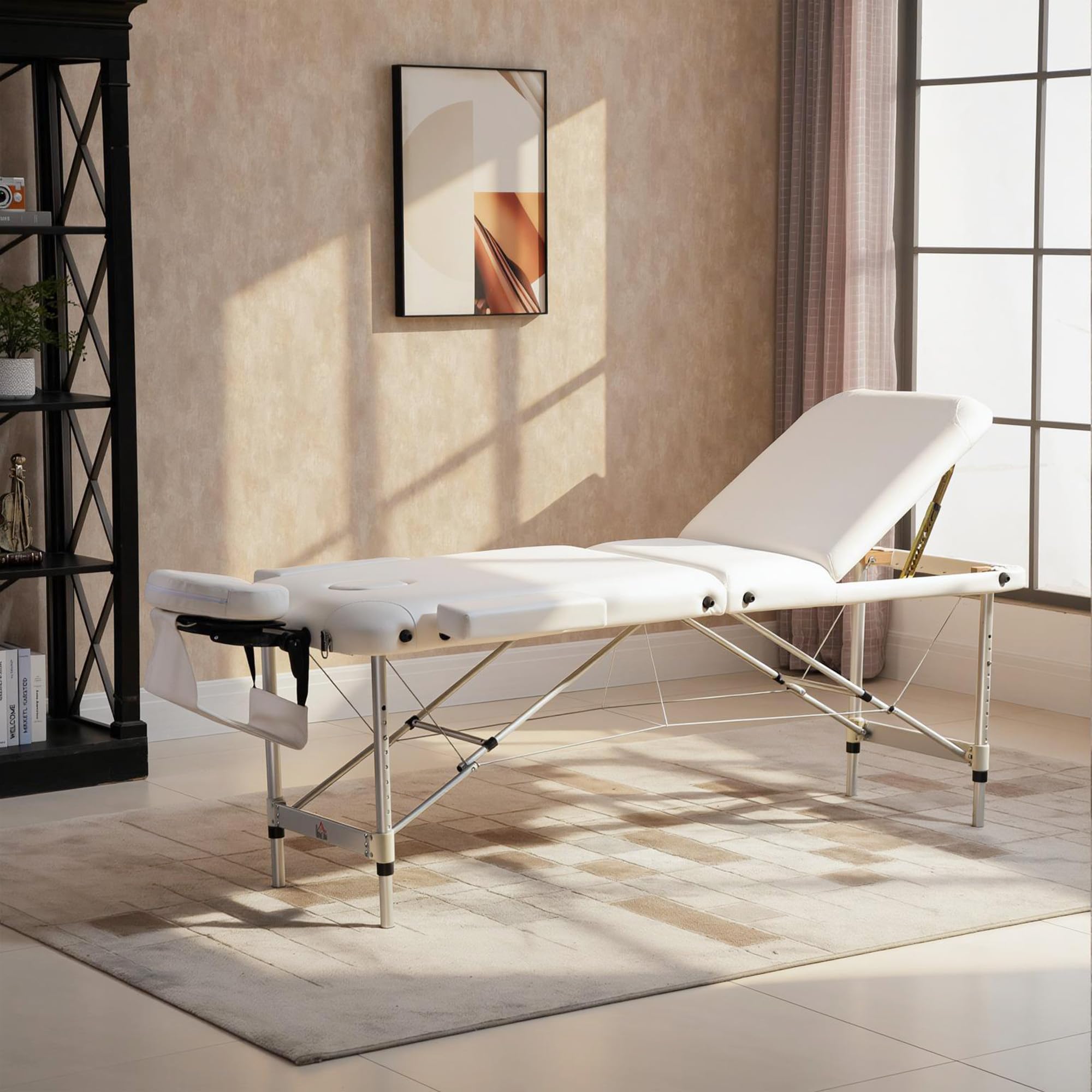 HOMCOM Mobile Massageliege 3 Zonen Klappbar Massagetisch mit Kopfstütze Armlehne Tragetasche höhenverstellbare Aluminium Massagebett tragbar inkl. Zubehör Massagebank bis 225 kg Belast Weiß