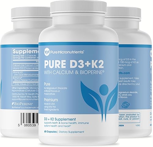 Miniatura 7 de Pure Micronutrients Suplemento de vitamina D3 K2  MK7 100mcg, D3 5000 iu, calcio + bioperina  Salud muscular y ósea, corazón, inmunidad y apoyo