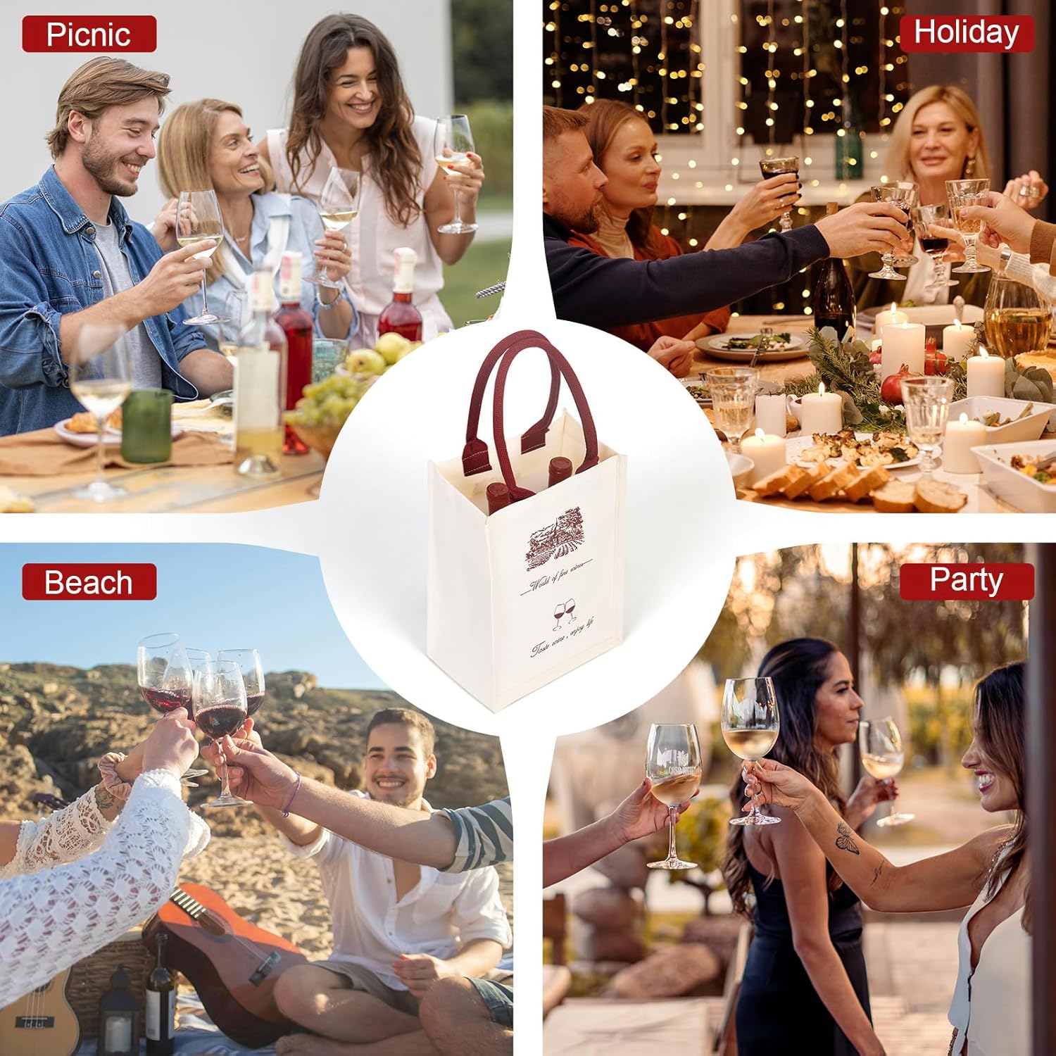 Sturdy Canvas Wine Tote Bag for 2 Bottles, Waterproof with Wine Red Handles & Built-in Foam Padding, Foldable Wine Gift Bags Alternative to Wine Shipping Box, for Party Wedding Wine Lovers, 2-Pack