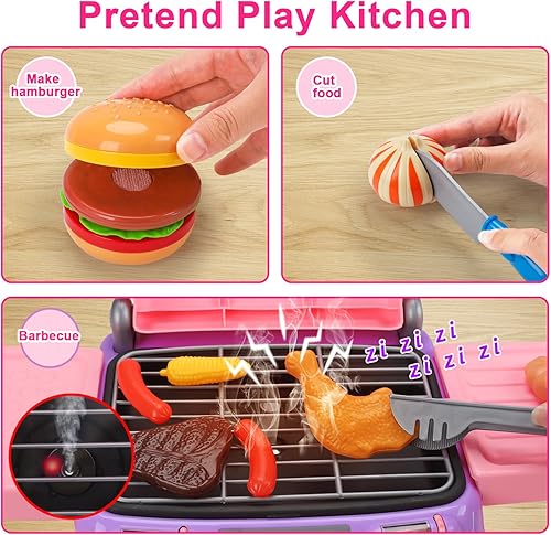 Miniatura 6 de Juego de parrilla de barbacoa para niñas 2024 con luz de sonido de humo simulado, accesorios de cocina rosa para niños de 2 a 4 años, 3 a 5 años,