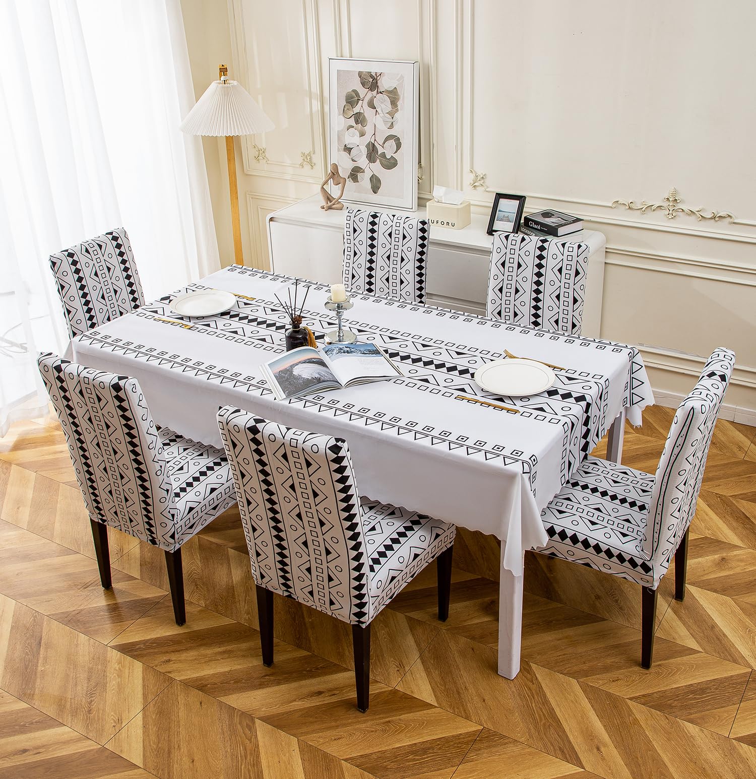 House of Quirk Dining Table Cover Waterproof for Kitchen Dining,Polyester Table Cloth Dust and Oil Repellent,Kitchen Décor (140x180cm,Cream/White Geometric,1 Table Cover + 4 Chair Cover),rectangular