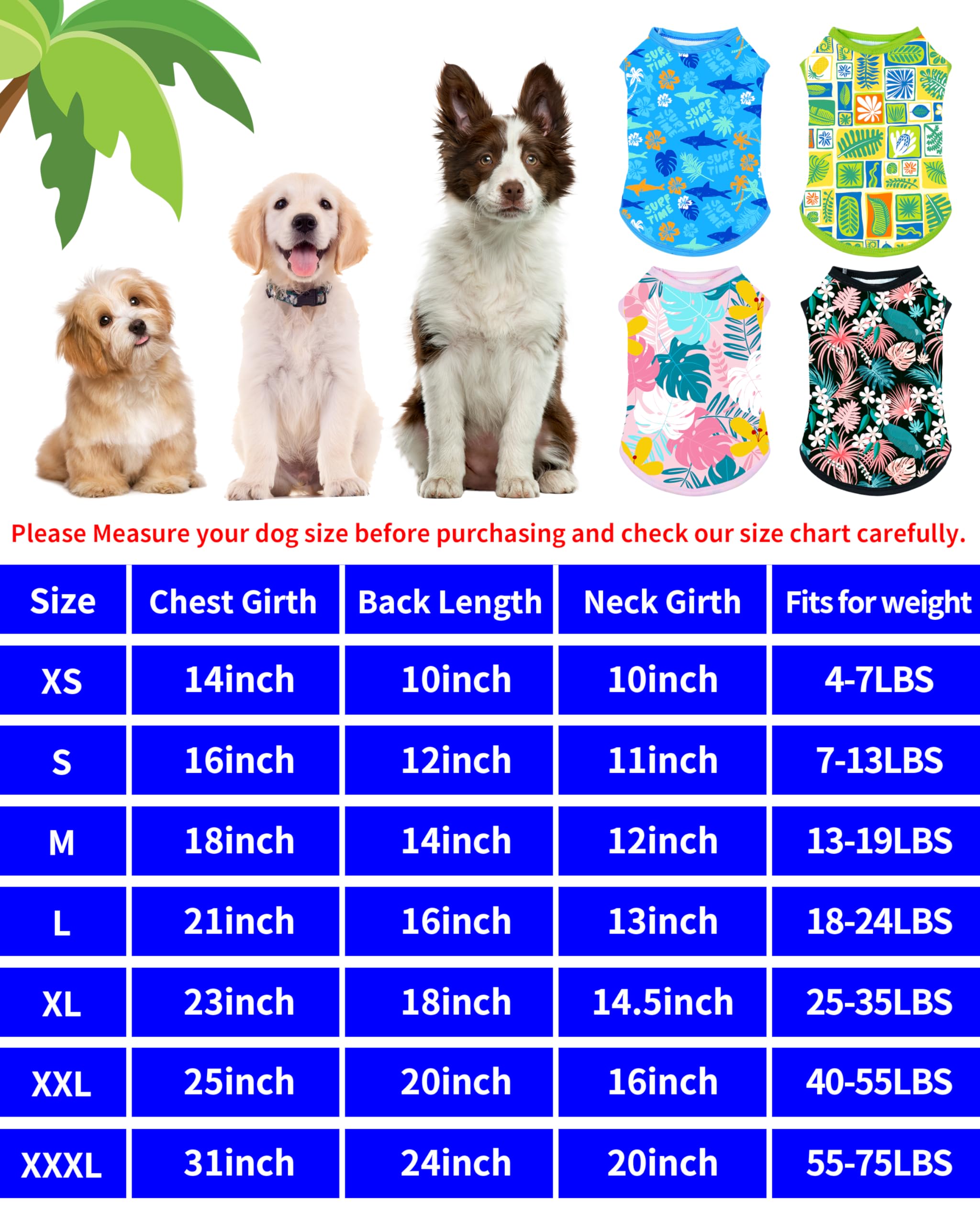 Pet Show Lot de 4 Chemises hawaïennes pour Chiens de Taille Moyenne et Grande – Protection UV UPF 50+ – Vêtements d'été Cool – T-Shirts à Motif Floral pour Animaux de Compagnie, fête pour Animaux de