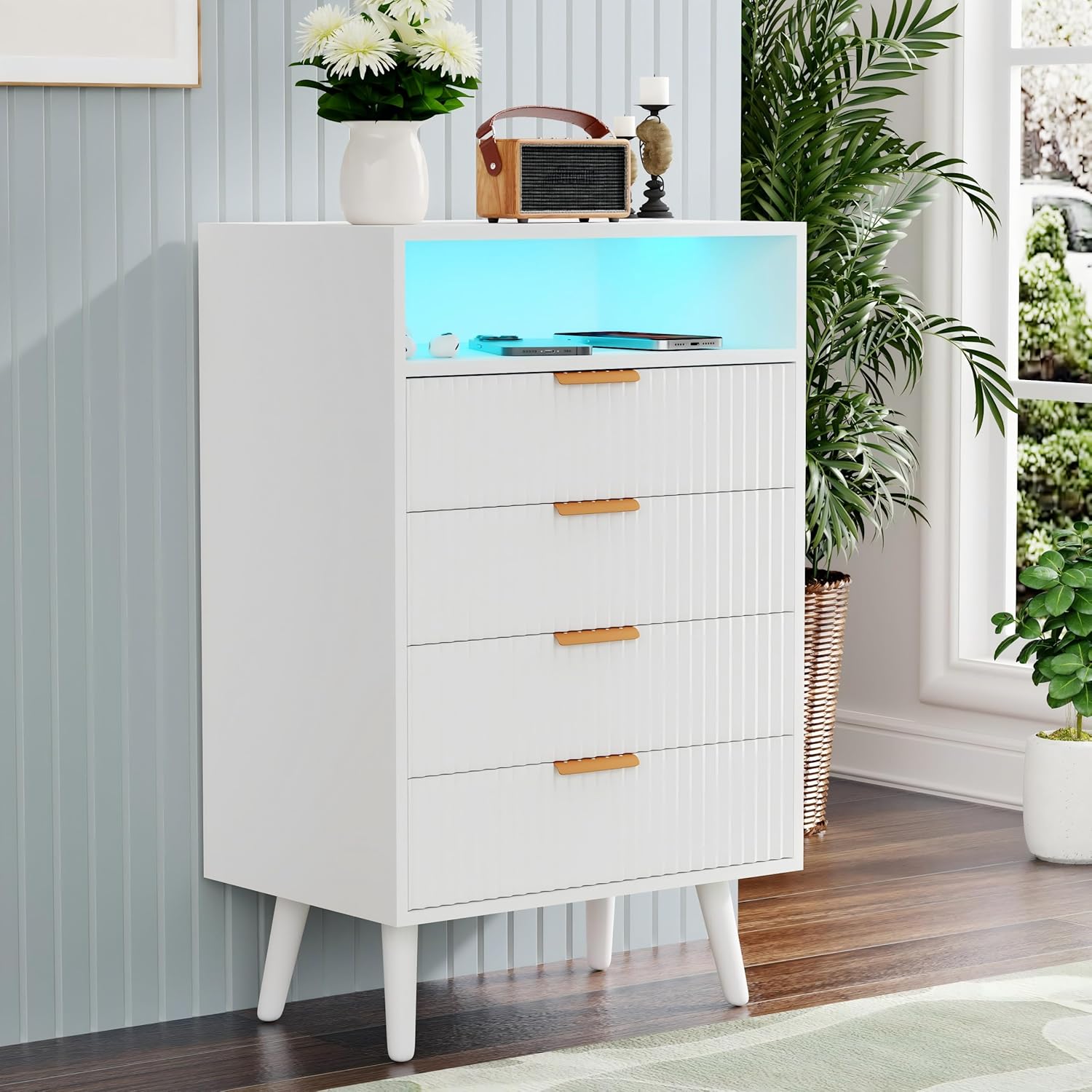 4 Drawer Dresser with LED Light, Wood White Dresser for Bedroom Modern Chest of Drawers 38" Tall Nightstand Bedside Table with Shelf