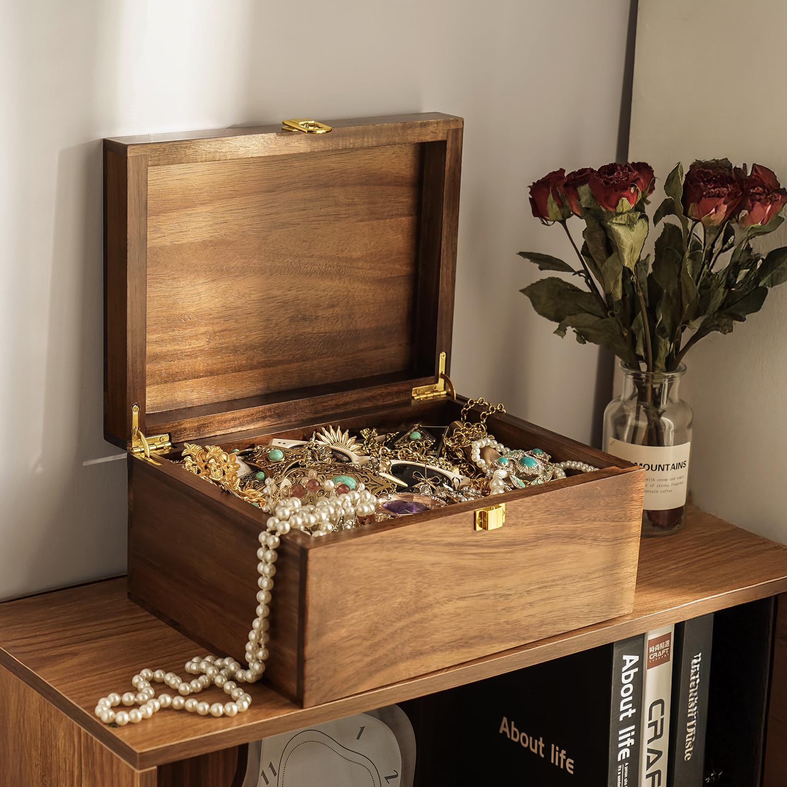 Wooden Keepsake Box, Decorative Acacia Wood Memory Box, Large Wood Storage Boxes with Hinged Lid, 11.8 x 8.8 x 6.1 Inch Wooden Organizer, Ideal Treasure Boxes for Jewelry, Watch, Photo