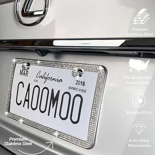 Miniatura 4 de Marco de matrícula brillante para mujer, paquete de 2 marcos de matrícula brillantes con cristales de diamantes de imitación (plateado)