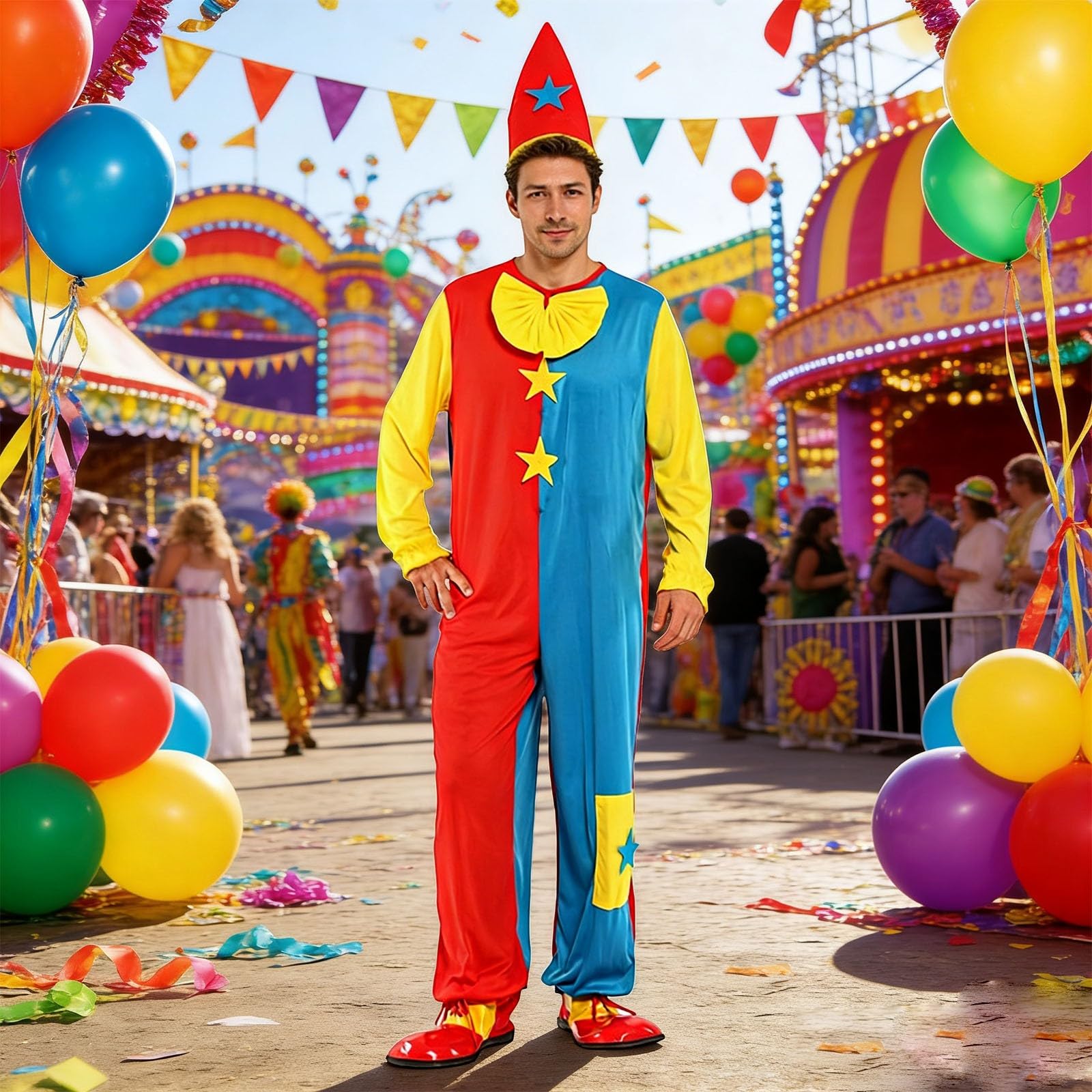 Clown Kostüm Erwachsene Lustiges Buntes Cosplay Kostüm Mit Historischem Jahrmarkt Design Gothic Spitze Details Für Karneval Bühnenauftritt Und Mottopartys Faschingskostüm Unisex