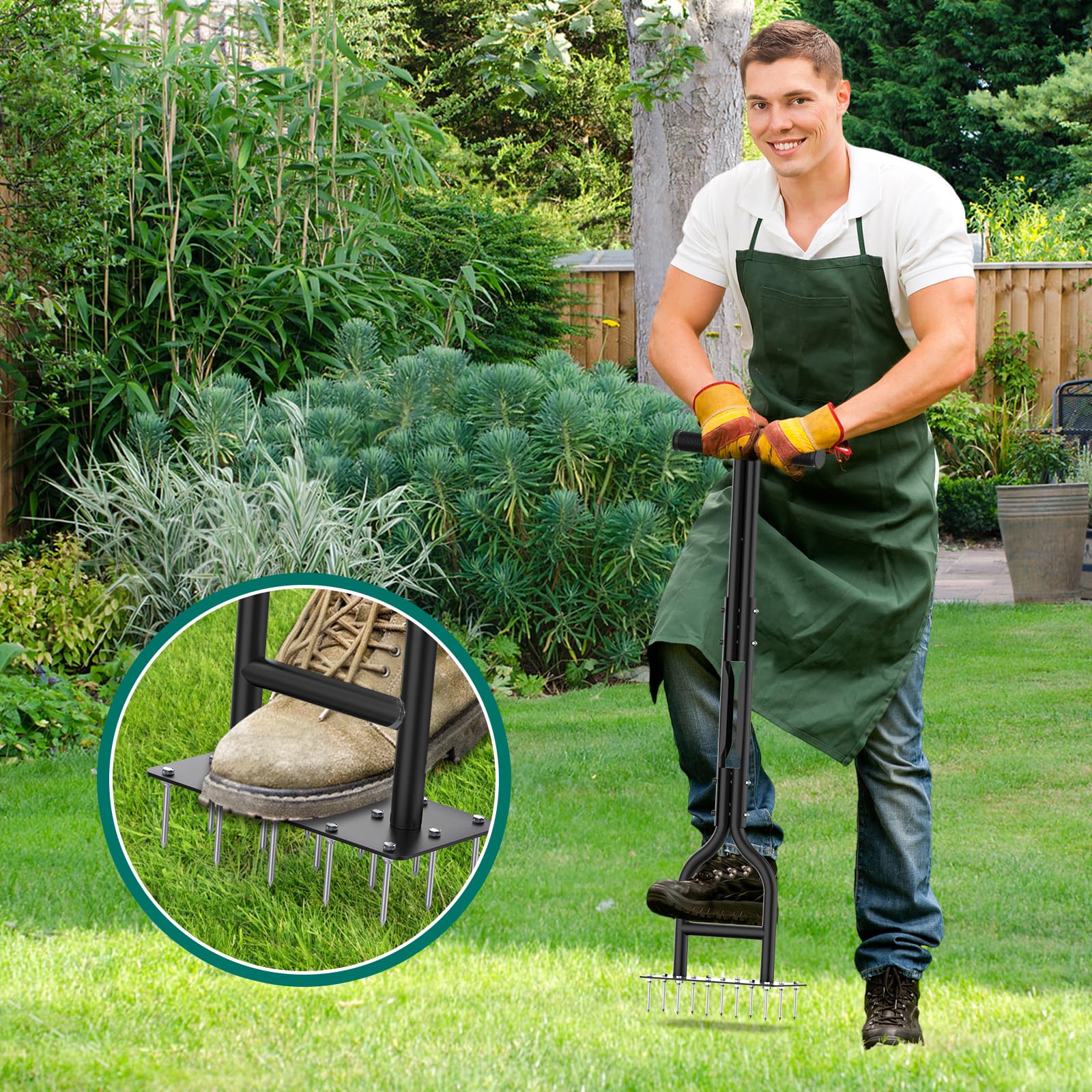 HYCHIKA Aireador Cesped para Cuidado de Suelo y Césped, 15 Pinchos de Acero Macizo, Mango en Forma de T, Escarificador de Cesped Herramientas hortícolas