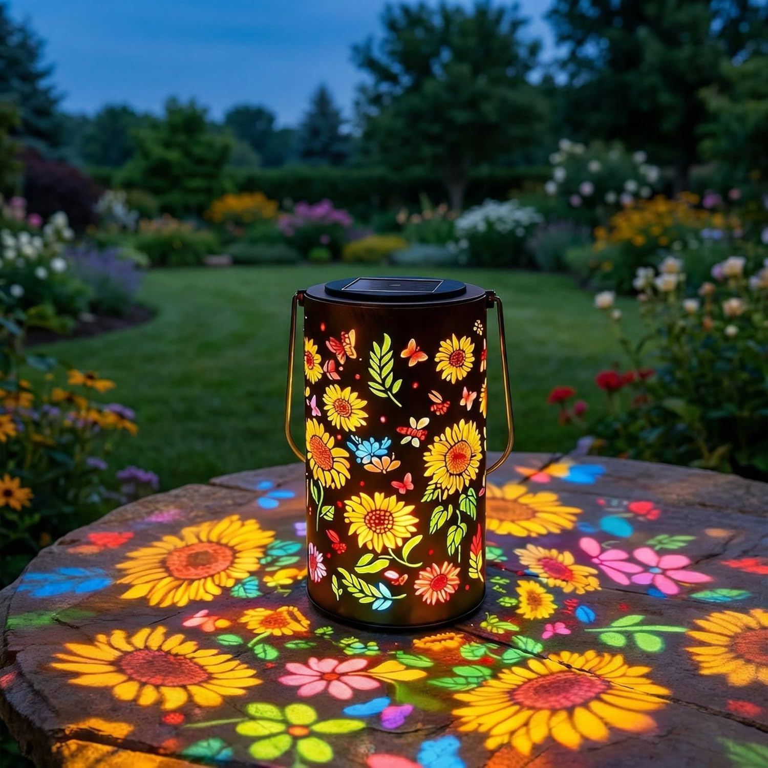 Colorful Sunflower Glow Solar Garden Lantern,Outdoor Waterproof Decorative Solar Powered Hanging Light,Sunflower Metal Decor Lanterns,Colorful Solar Lantern Gift for Women Mom Grandma