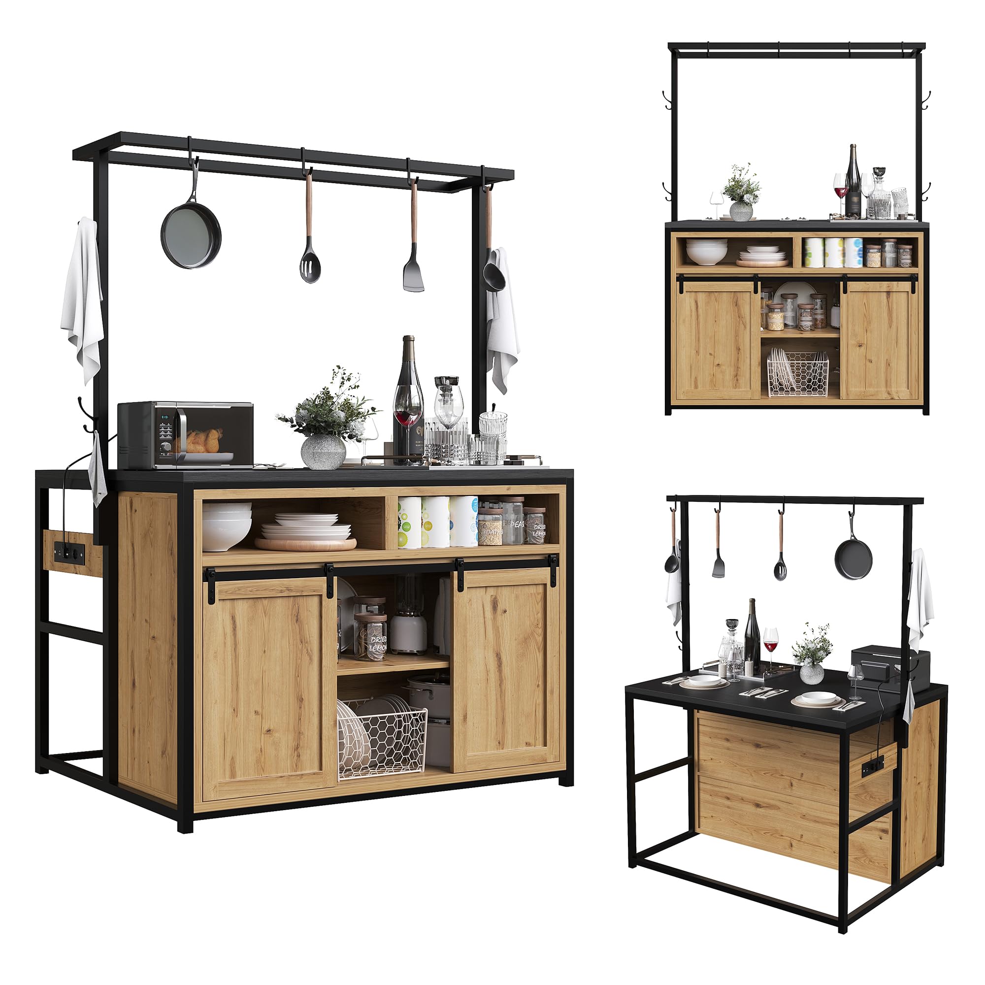 Kücheninselschrank 183 cm mit Arbeitsplatte, Stromanschluss & Hängeregal – Küchenschrank mit viel Stauraum für Küche & Esszimmer, Holzoptik