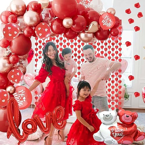Miniatura 3 de Kit de decoración de globos para el día de San Valentín, guirnalda de arco de globos con globo rojo de papel de aluminio de amor y oso, 1000 pétalos