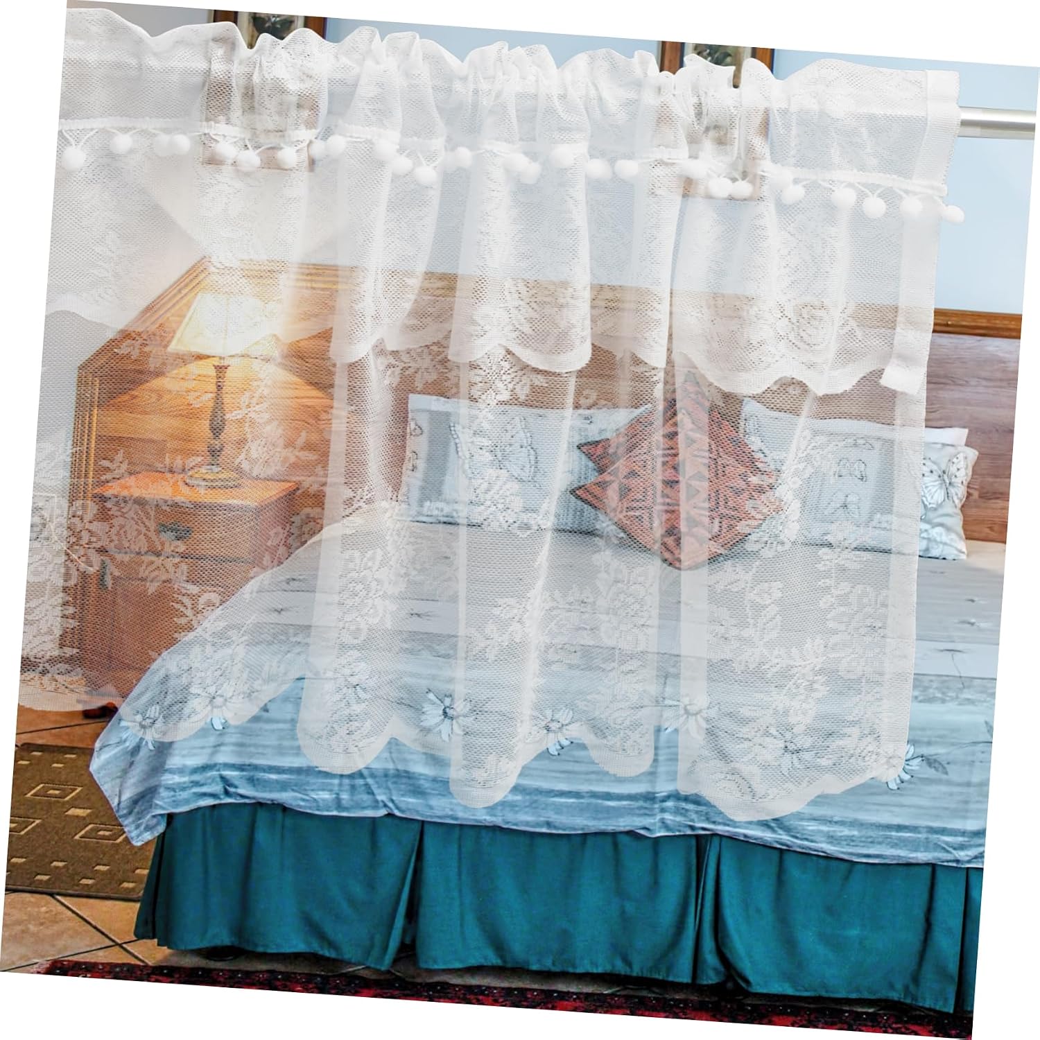 OUNONA Lace Curtain Valance with Top Rod Pocket, White Rustic Floral
