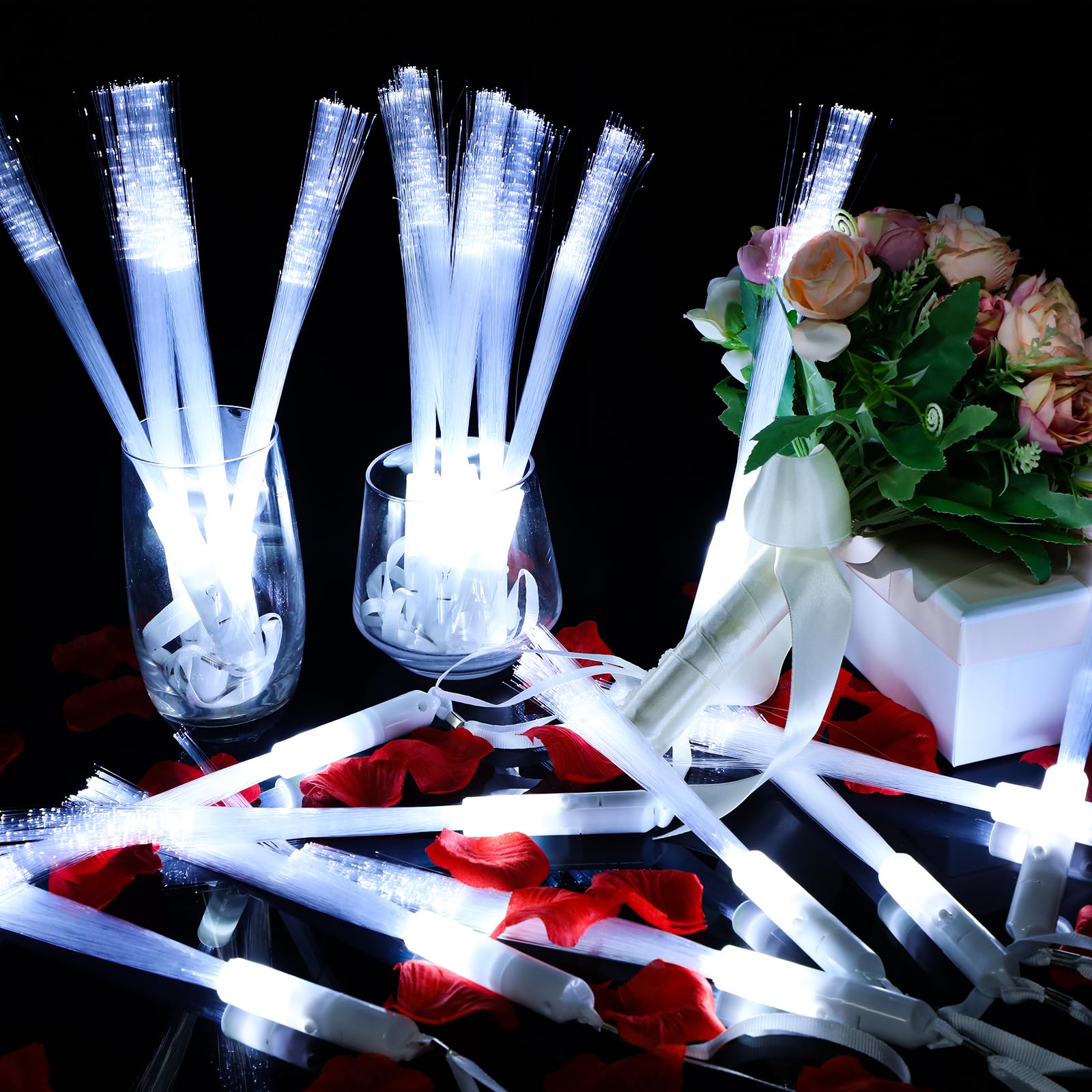 Junkin 200 varitas de fibra óptica blancas para bodas, varitas LED brillantes a granel con modo de luz constante para recepción, boda, día de San Valentín, fiesta de cumpleaños